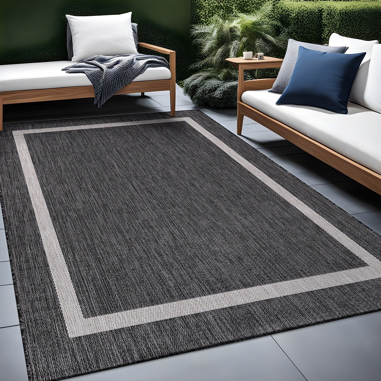 Beverly Rug Modern Bordered Indoor Outdoor Rug, Outside Carpet for Patio, Deck, Porch