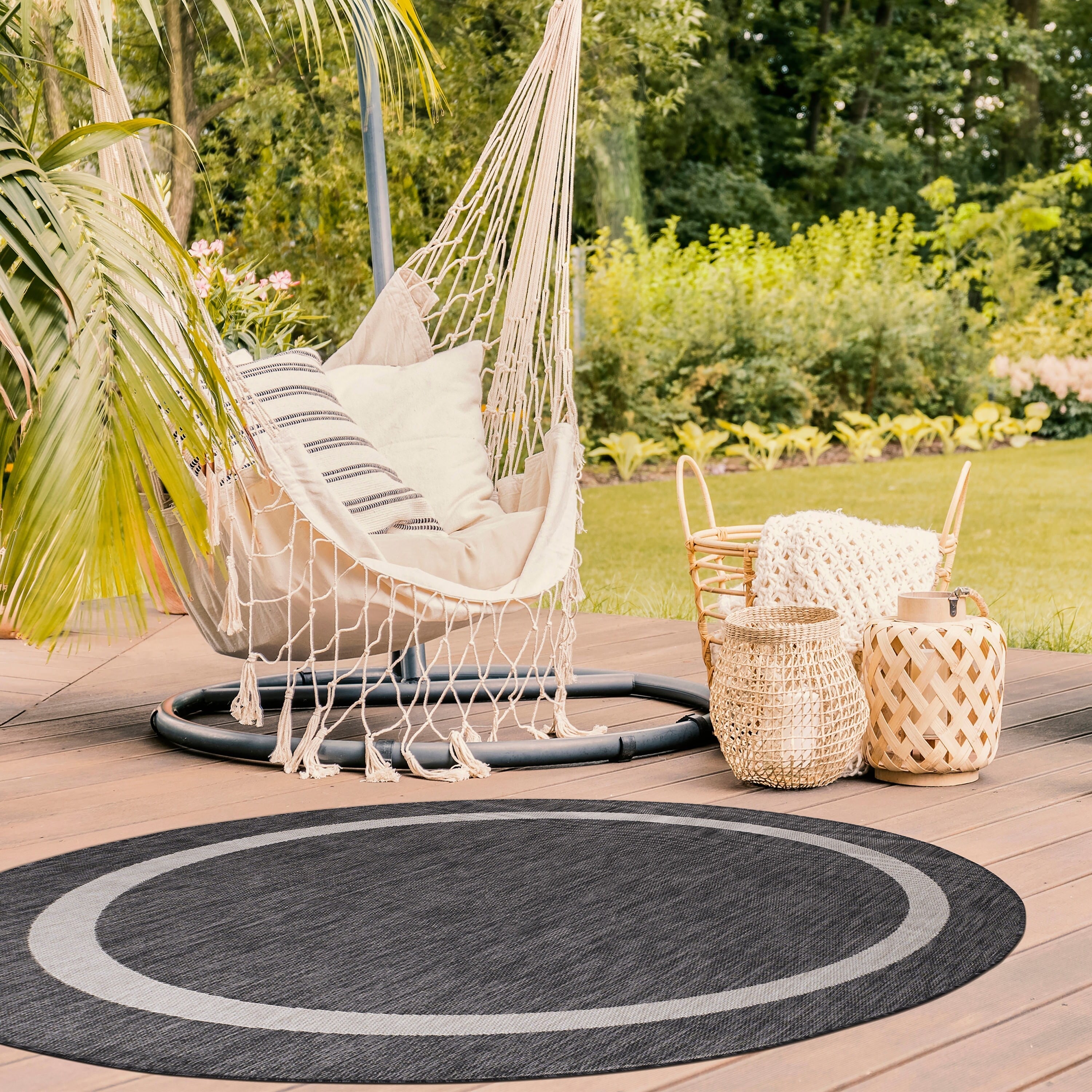 Beverly Rug Modern Bordered Indoor Outdoor Rug, Outside Carpet for Patio, Deck, Porch