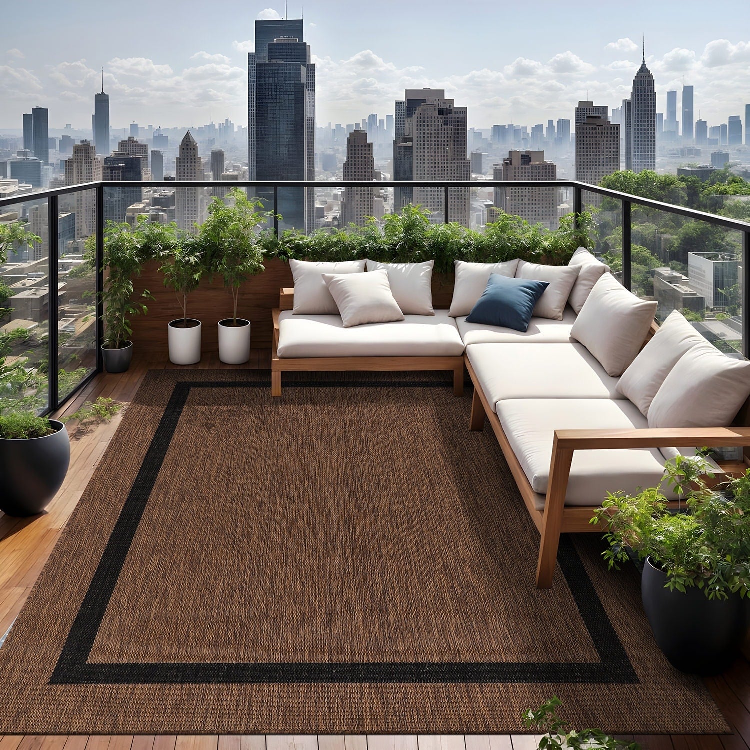 Beverly Rug Modern Bordered Indoor Outdoor Rug, Outside Carpet for Patio, Deck, Porch