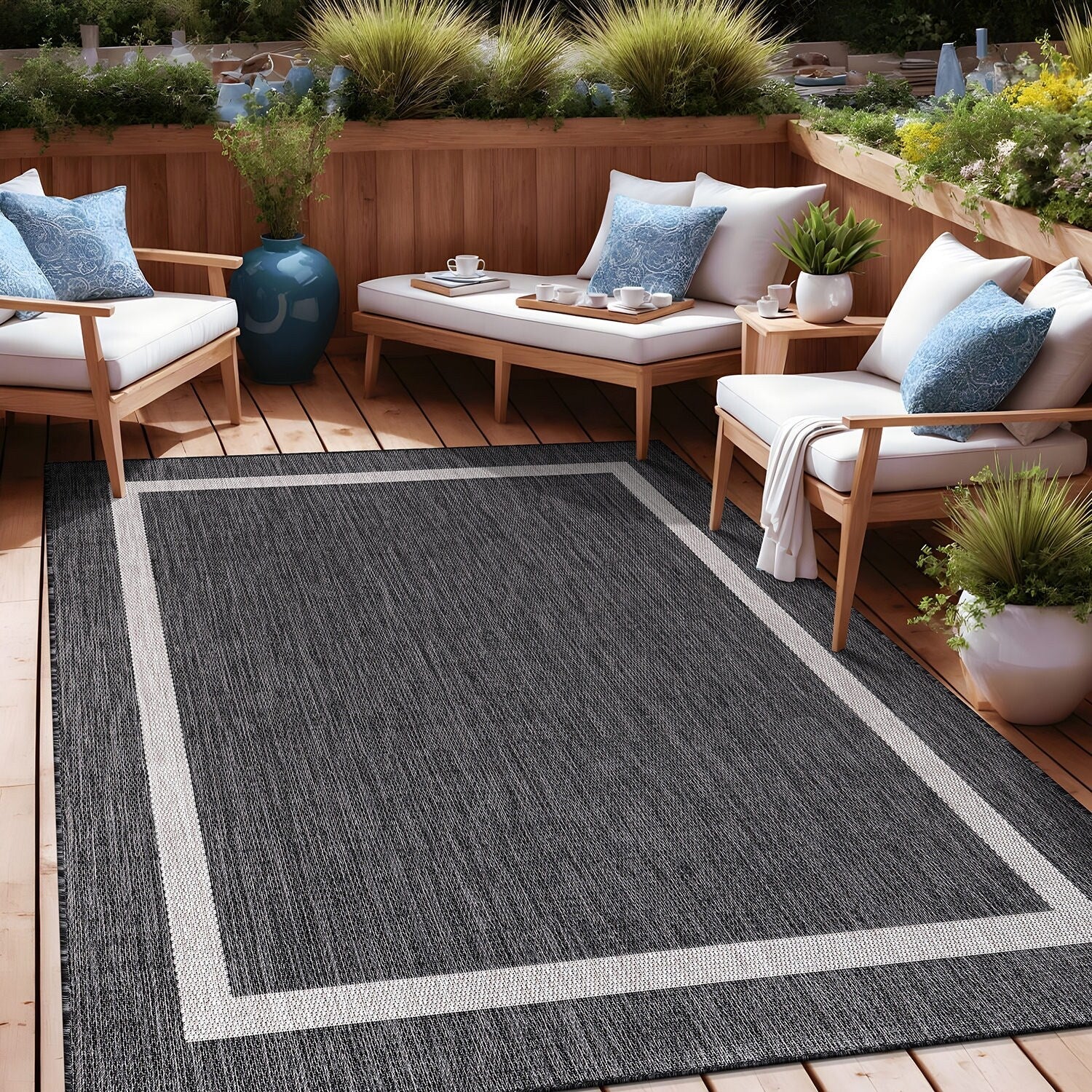 Beverly Rug Modern Bordered Indoor Outdoor Rug, Outside Carpet for Patio, Deck, Porch