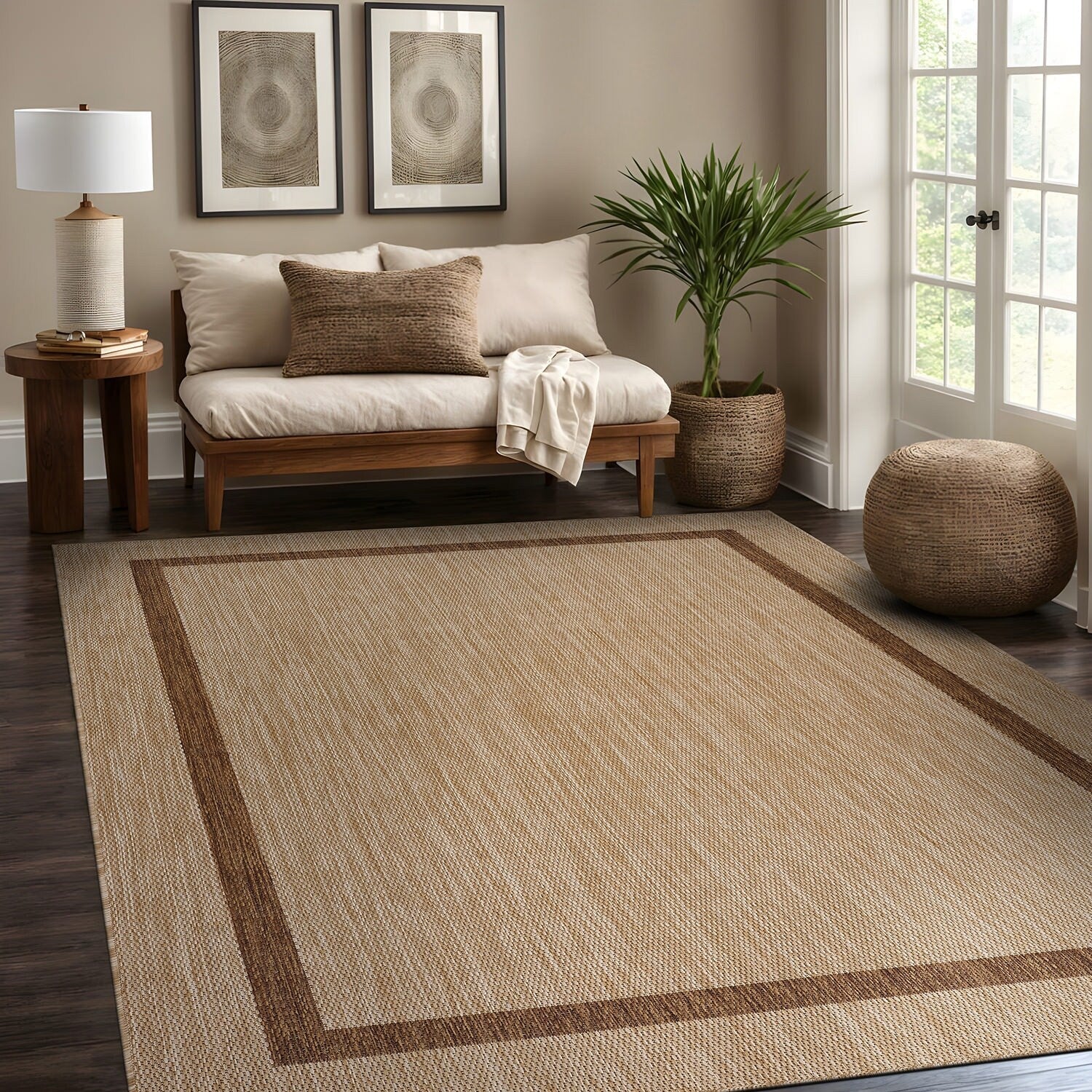 Beverly Rug Modern Bordered Indoor Outdoor Rug, Outside Carpet for Patio, Deck, Porch