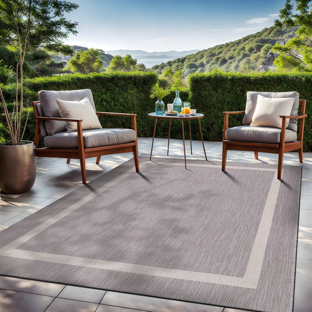 Beverly Rug Modern Bordered Indoor Outdoor Rug, Outside Carpet for Patio, Deck, Porch