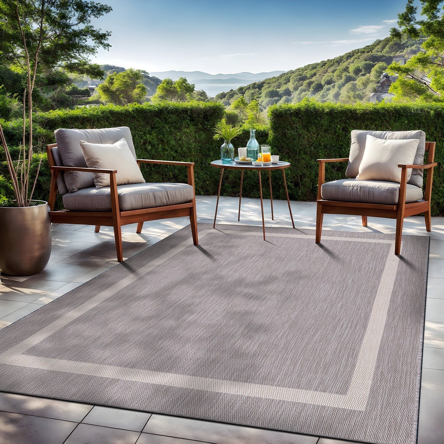 Beverly Rug Modern Bordered Indoor Outdoor Rug, Outside Carpet for Patio, Deck, Porch