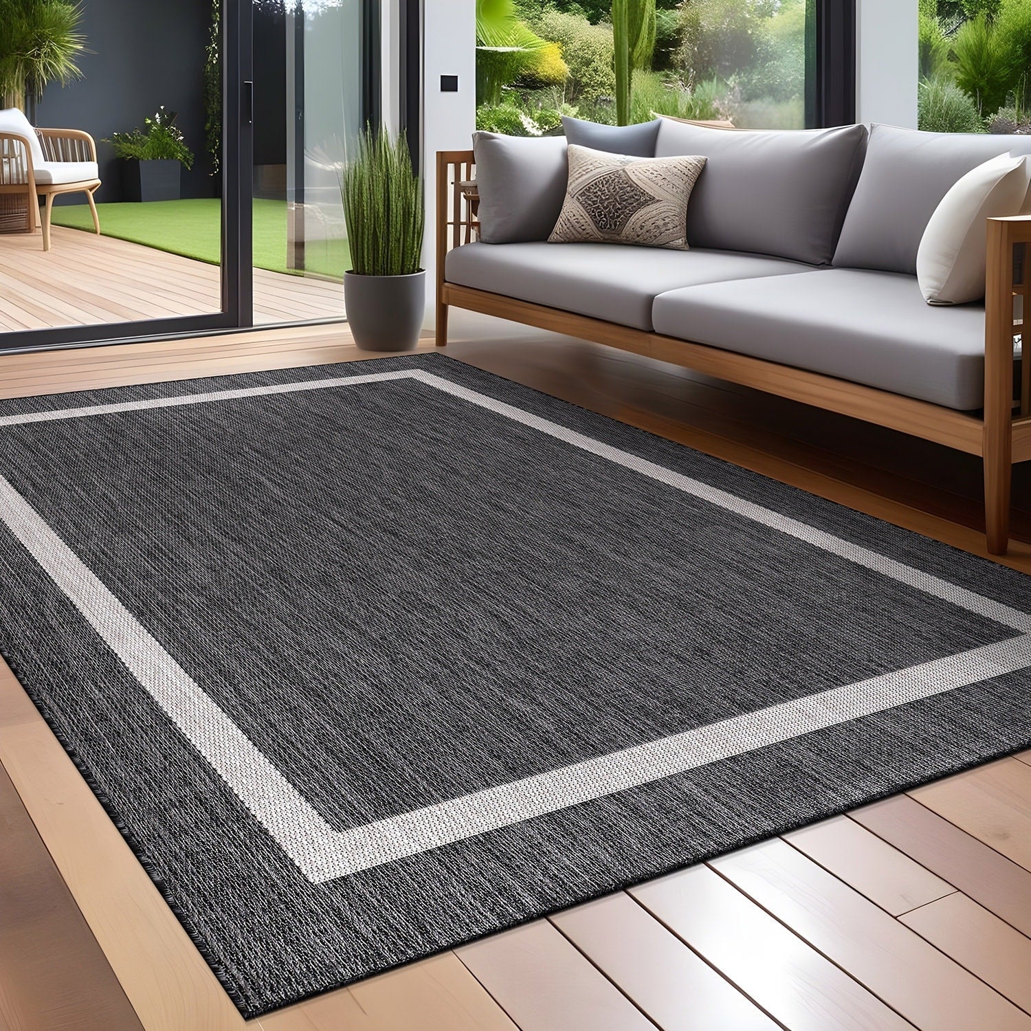 Beverly Rug Modern Bordered Indoor Outdoor Rug, Outside Carpet for Patio, Deck, Porch