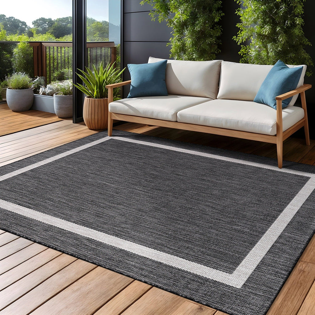 Beverly Rug Modern Bordered Indoor Outdoor Rug, Outside Carpet for Patio, Deck, Porch