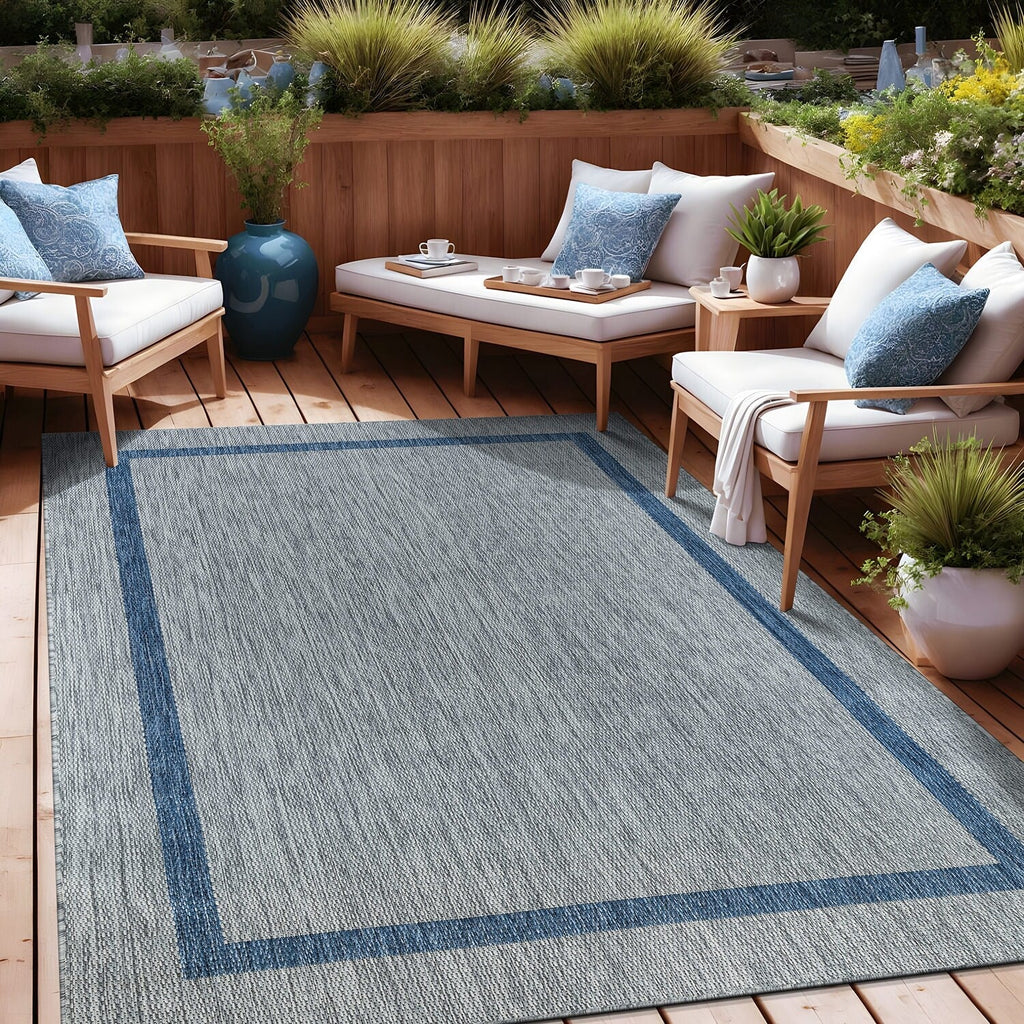 Beverly Rug Modern Bordered Indoor Outdoor Rug, Outside Carpet for Patio, Deck, Porch
