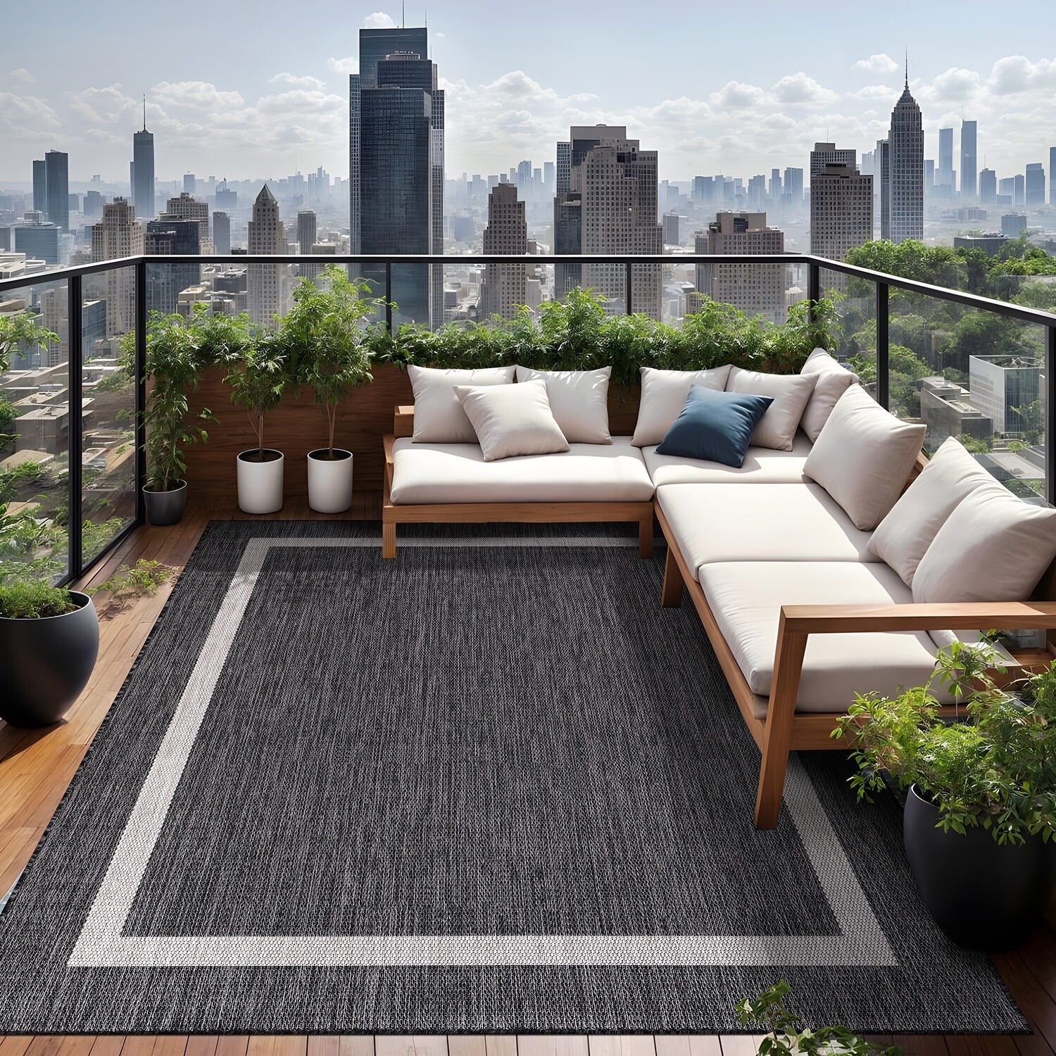 Beverly Rug Modern Bordered Indoor Outdoor Rug, Outside Carpet for Patio, Deck, Porch