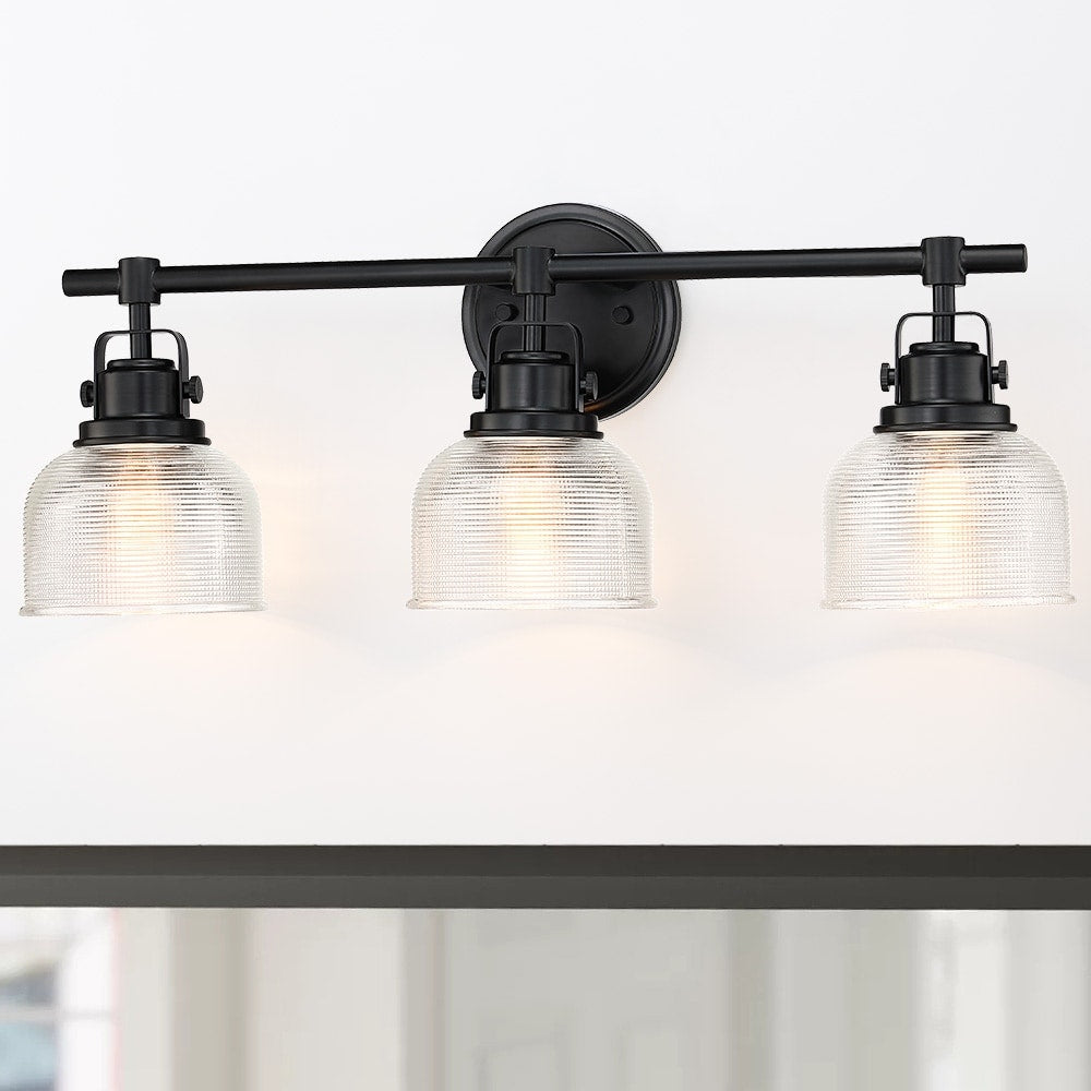 Black Bathroom Vanity Wall Light with Clear Prismatic Glass Shade