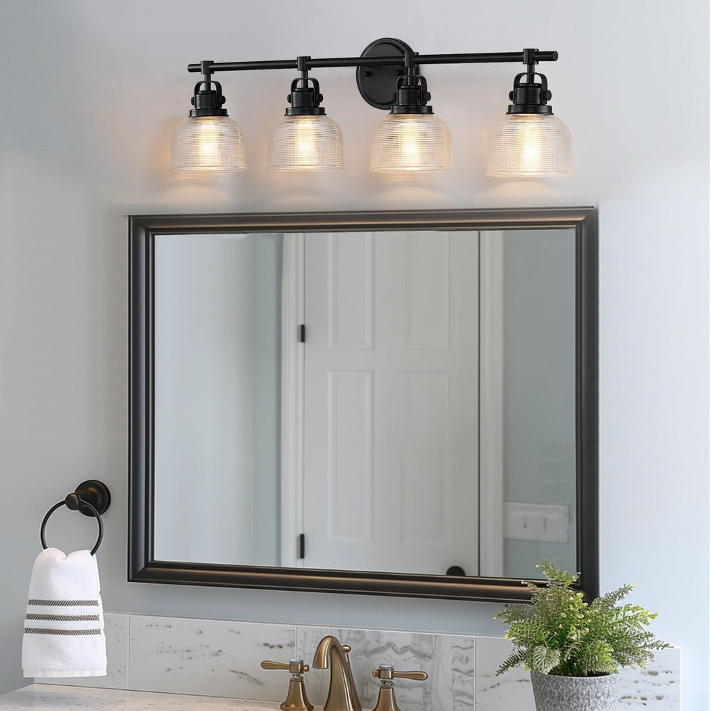 Black Bathroom Vanity Wall Light with Clear Prismatic Glass Shade