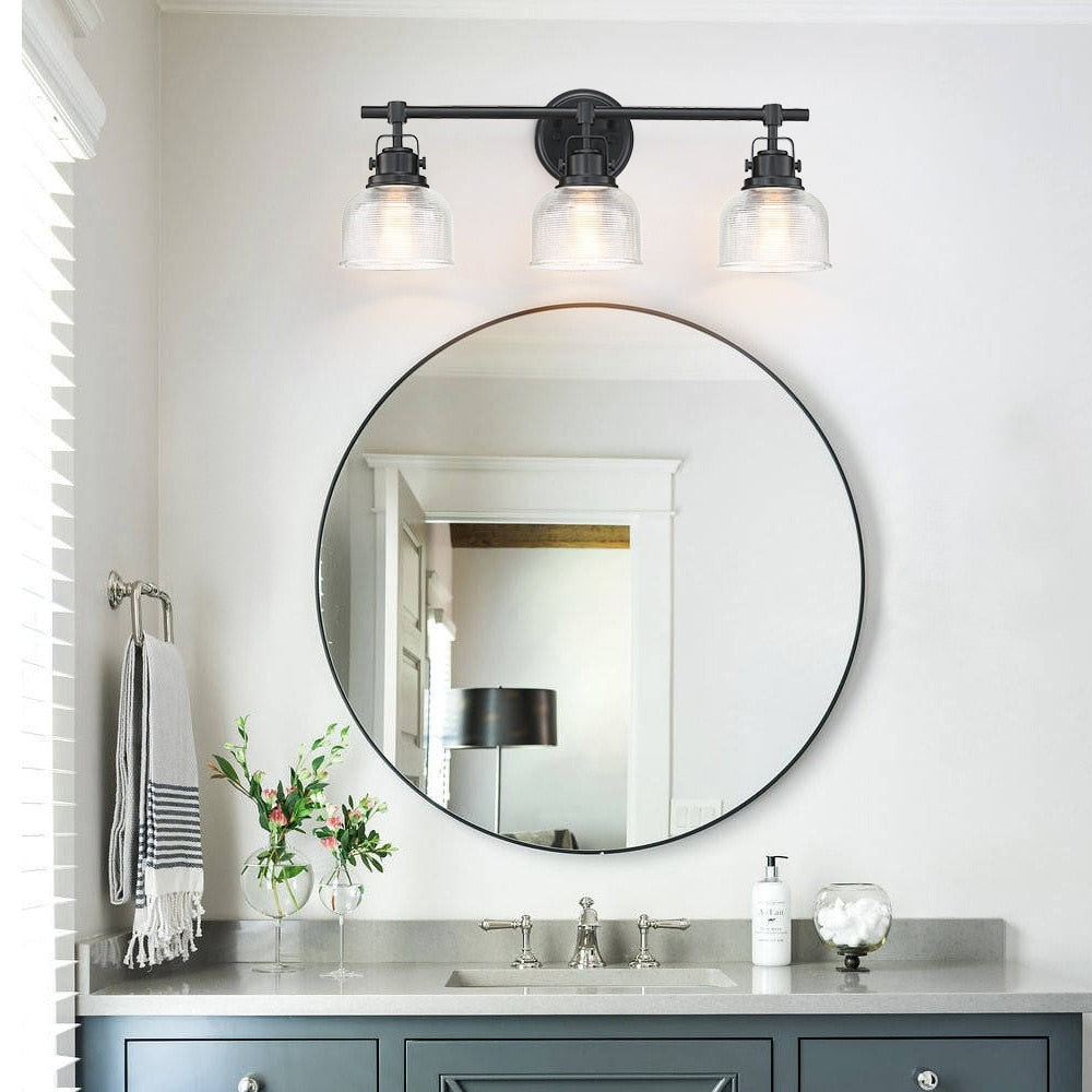 Black Bathroom Vanity Wall Light with Clear Prismatic Glass Shade