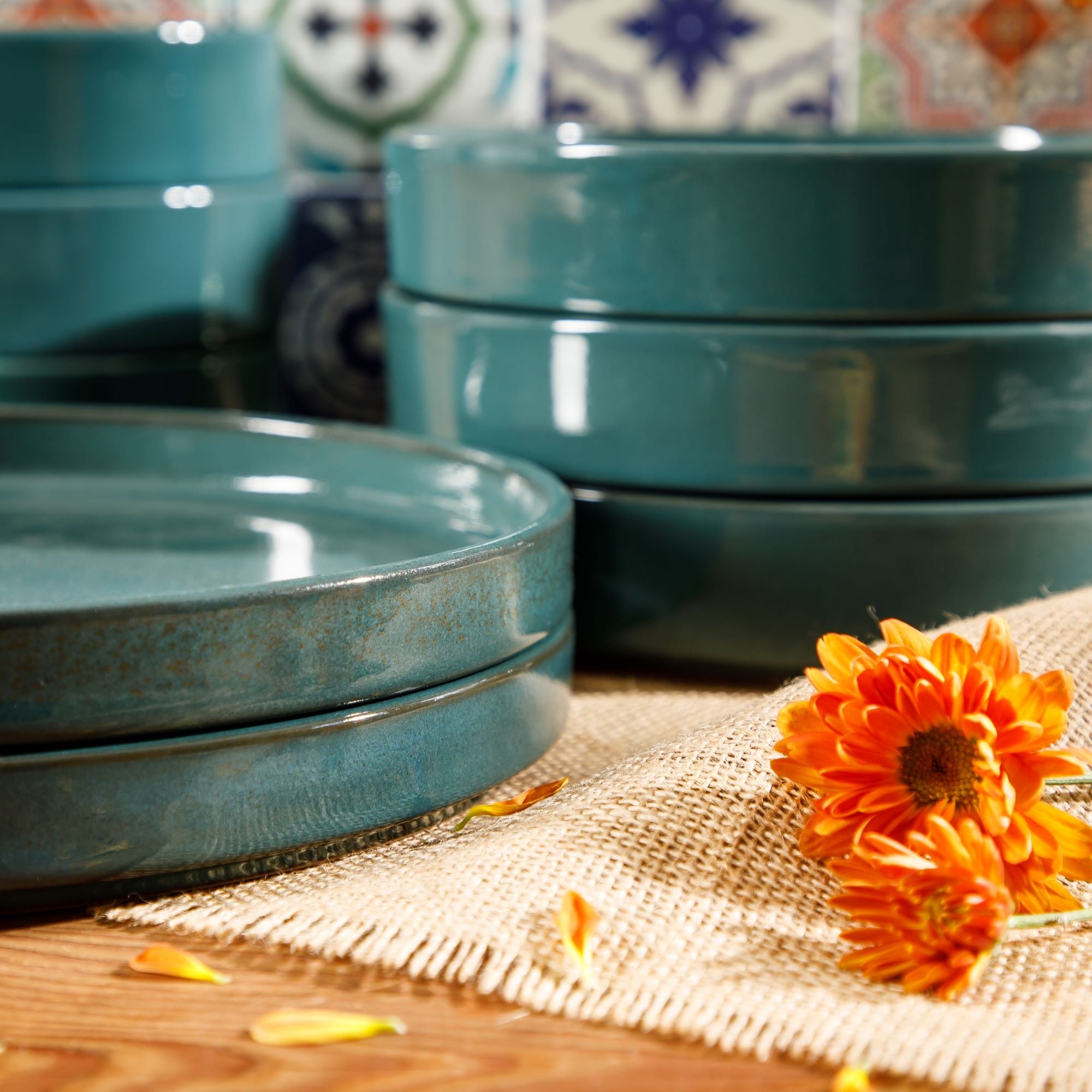 Bloomhouse Santorini Mist 16 Piece Double Bowl Terracotta Reactive Glaze Plates and Bowls Dinnerware Set