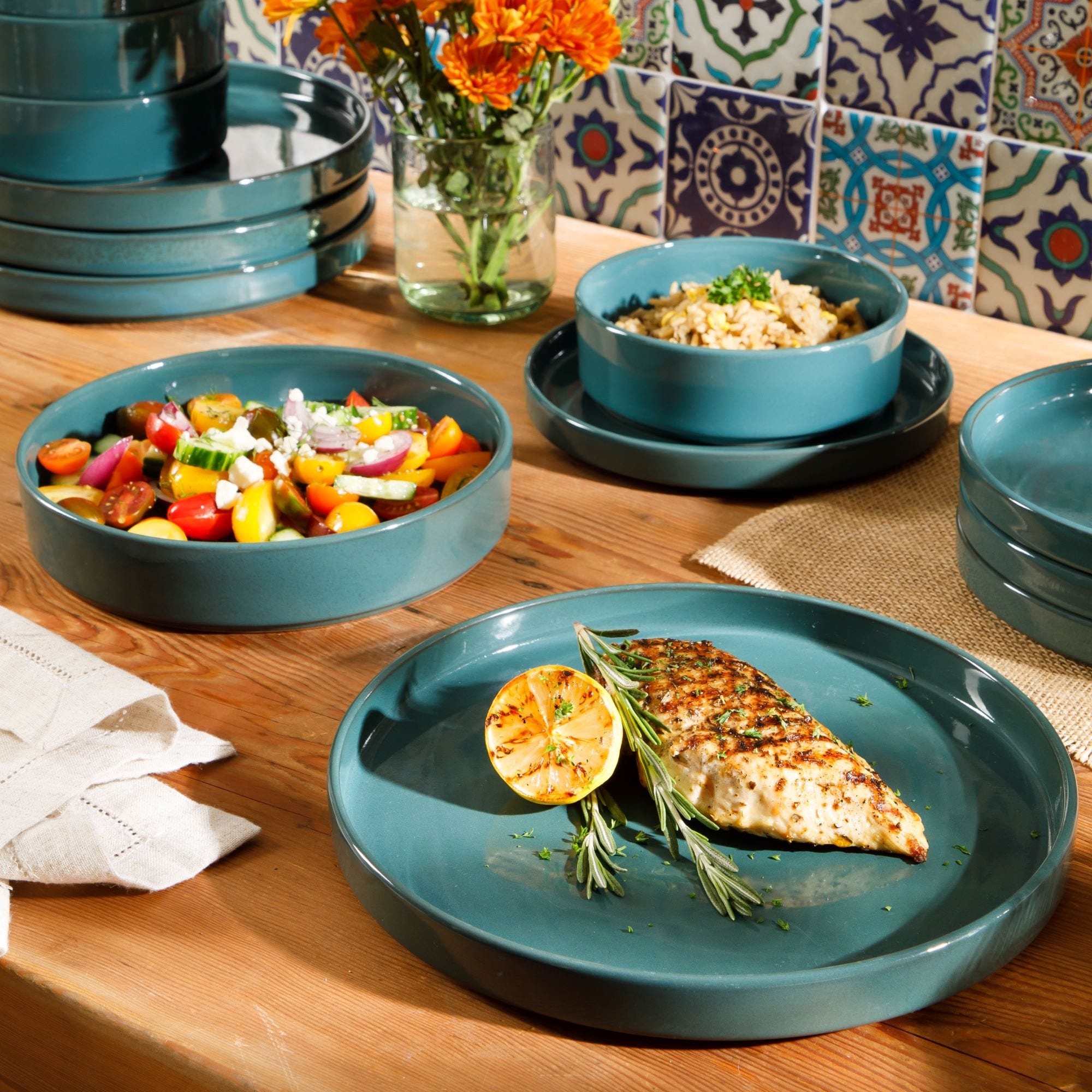 Bloomhouse Santorini Mist 16 Piece Double Bowl Terracotta Reactive Glaze Plates and Bowls Dinnerware Set