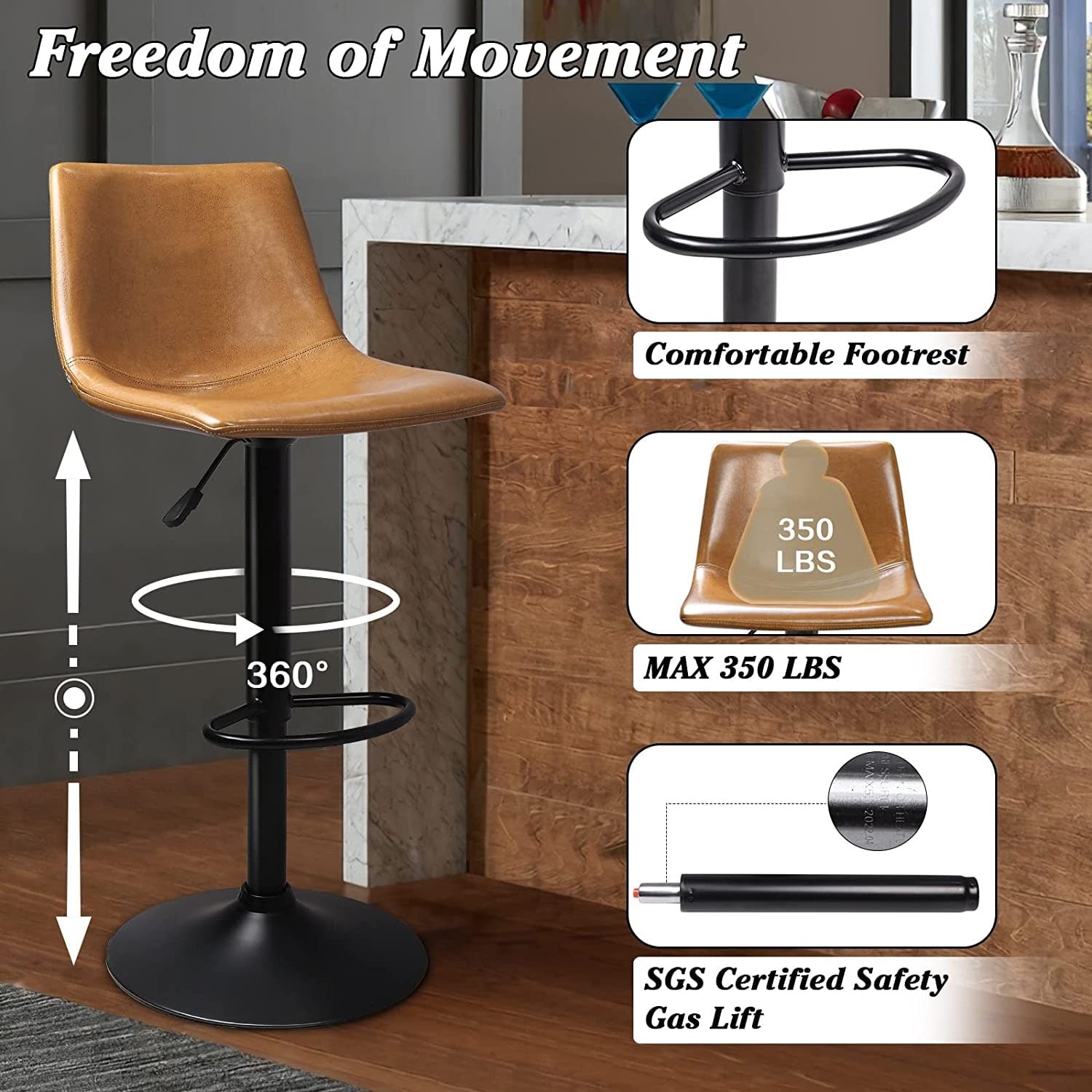 Bossin Adjustable Swivel Bar Stools with Backs – Counter Height
