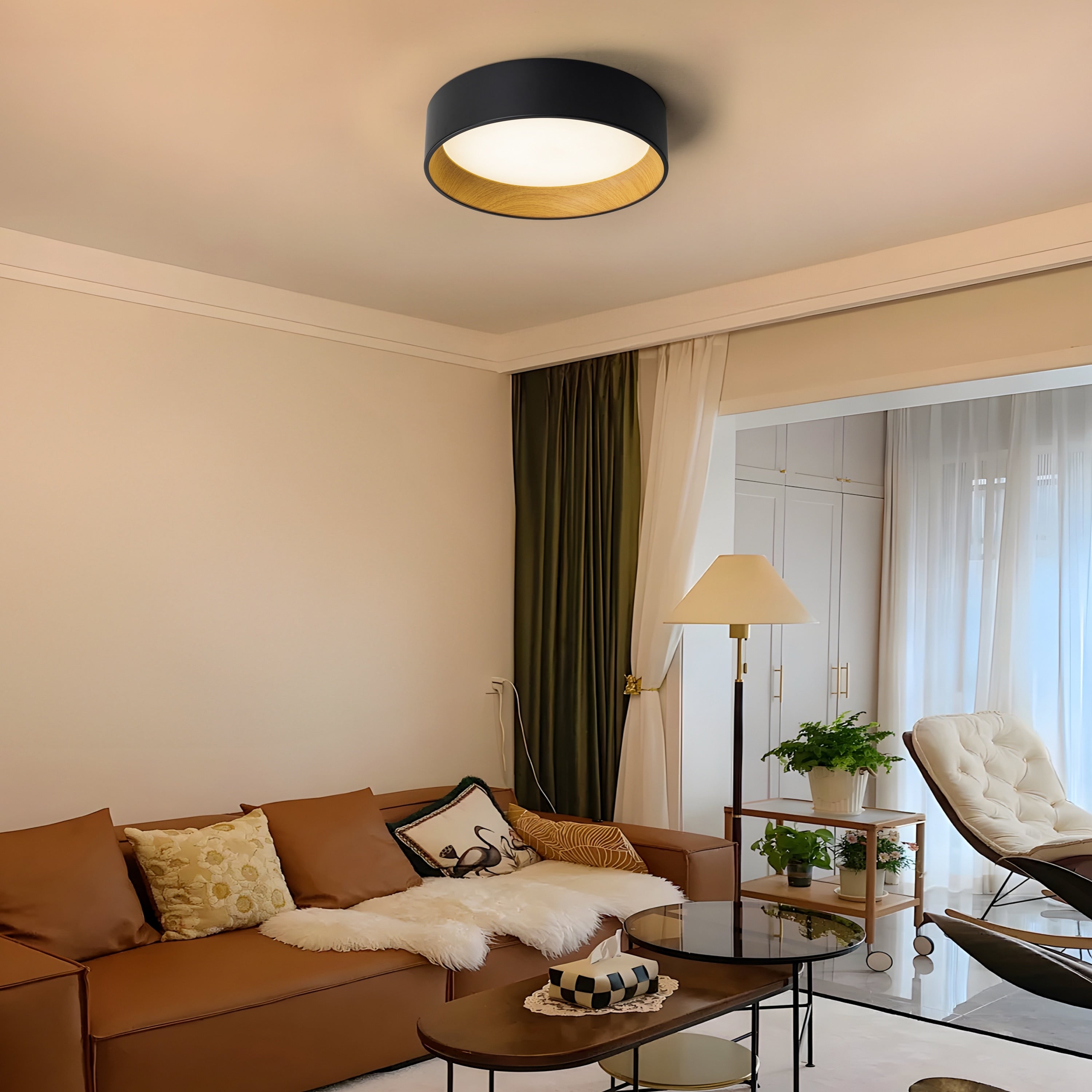 C Cattleya Black and Woodgrain 3CCT Integrated LED Flush Mount Ceiling Light