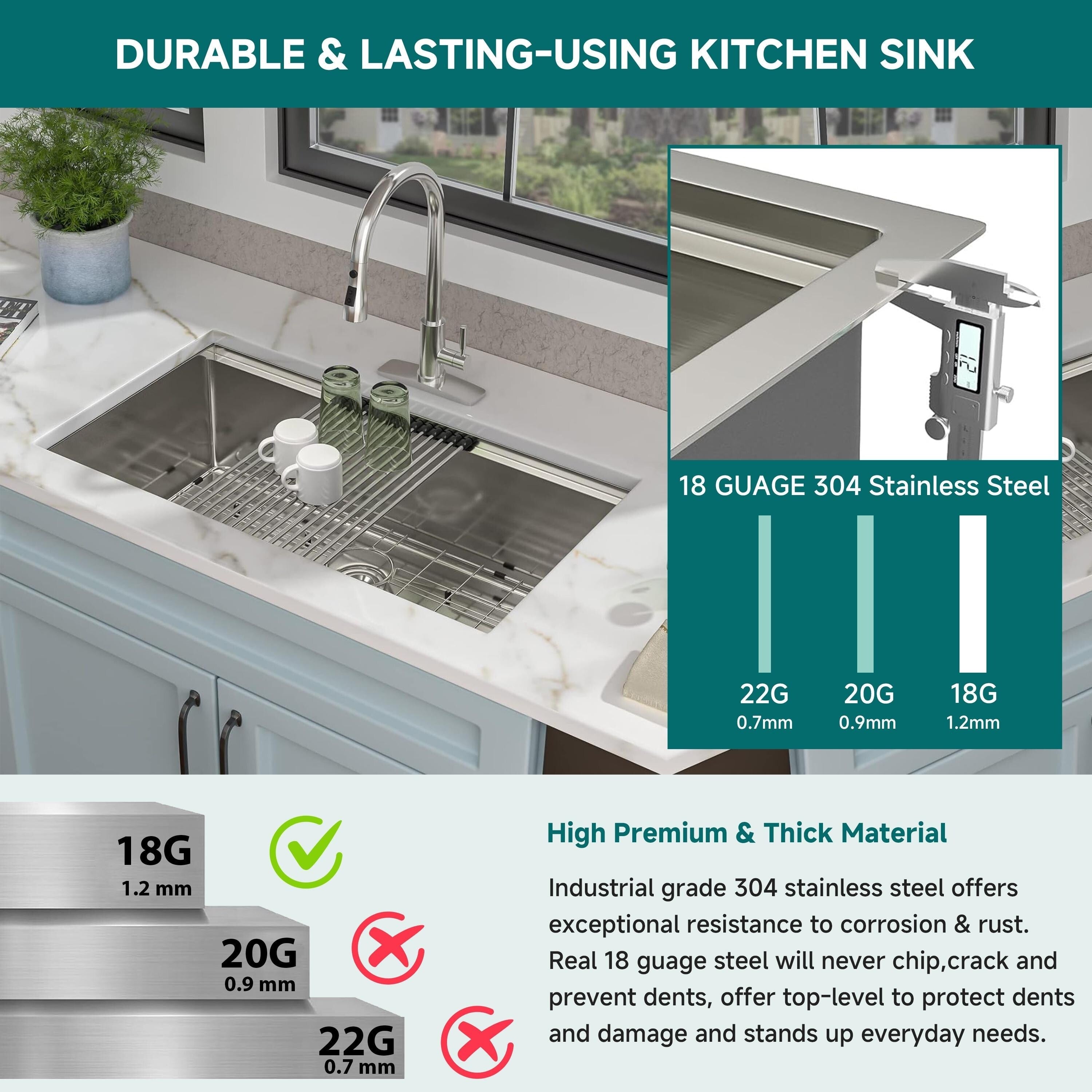 CB HOME 32'' Undermount Gold Kitchen Sink, Drop in Black/Stainless Steel Kitchen Sink, Single Bowl Kitchen Sink with Accessories