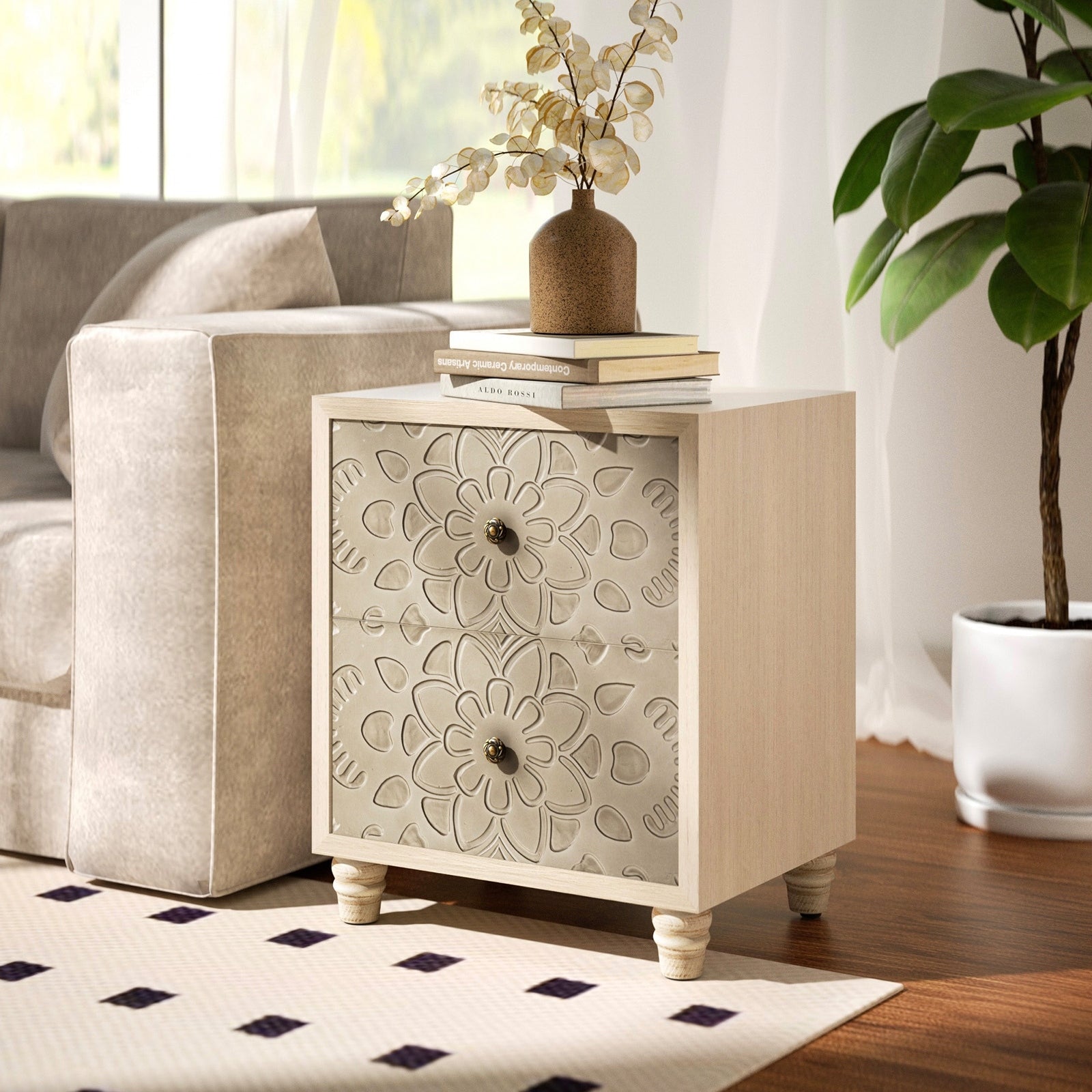 COSIEST Vintage Brown Pattern Solid Wood Nightstand with Drawers