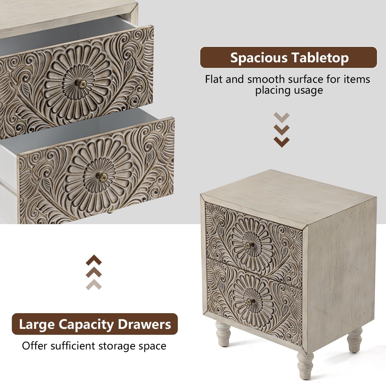 COSIEST Vintage Brown Pattern Solid Wood Nightstand with Drawers