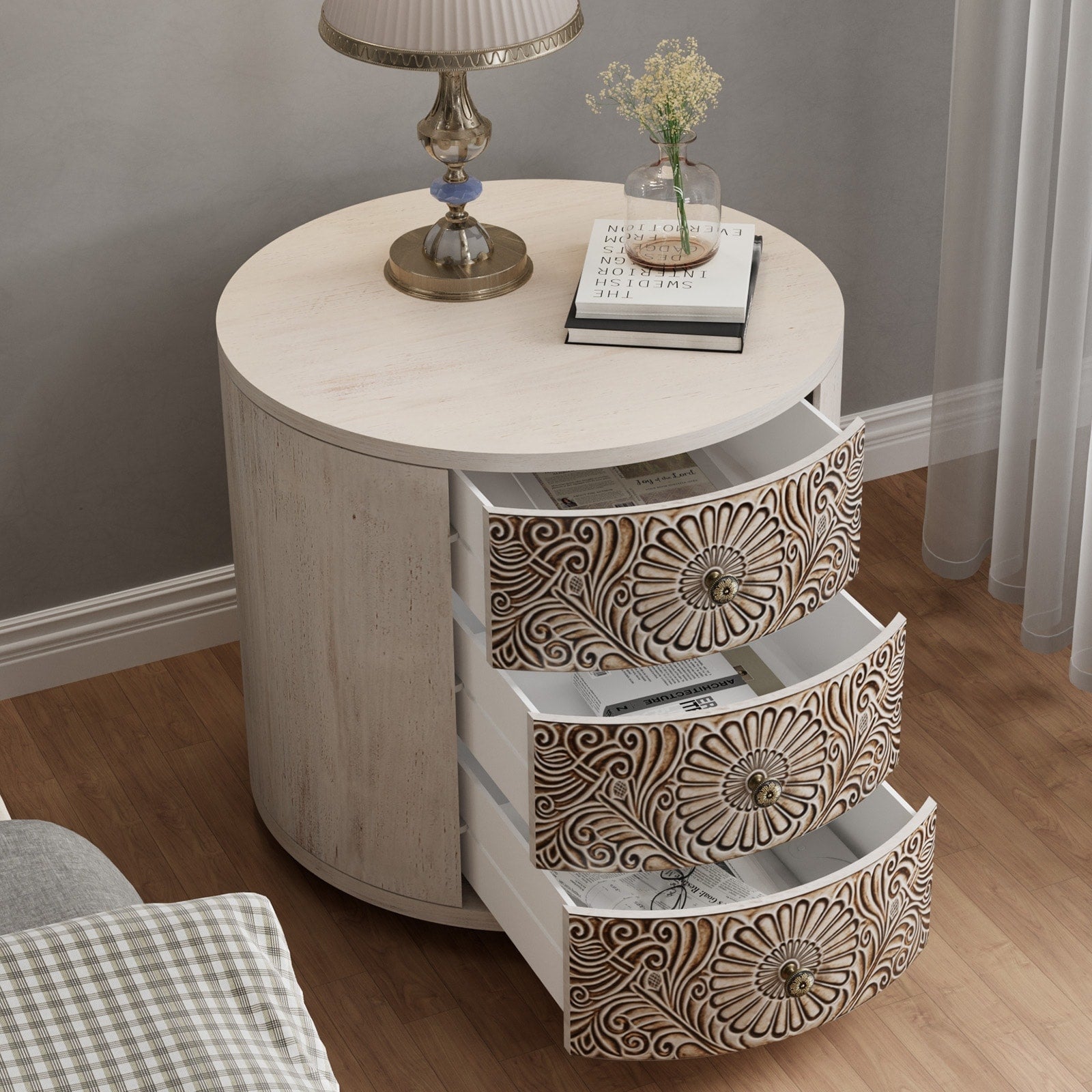 COSIEST Vintage Brown Pattern Solid Wood Nightstand with Drawers