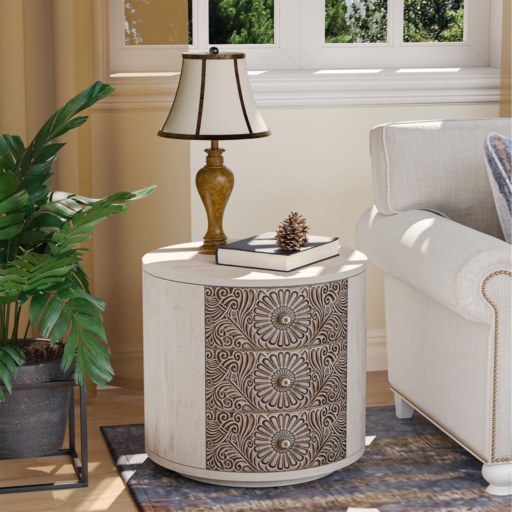 COSIEST Vintage Brown Pattern Solid Wood Nightstand with Drawers