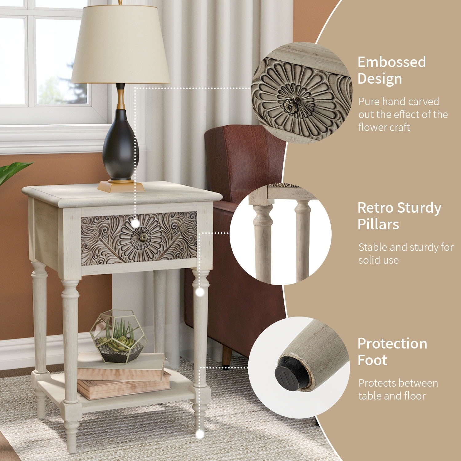 COSIEST Vintage Brown Pattern Solid Wood Nightstand with Drawers