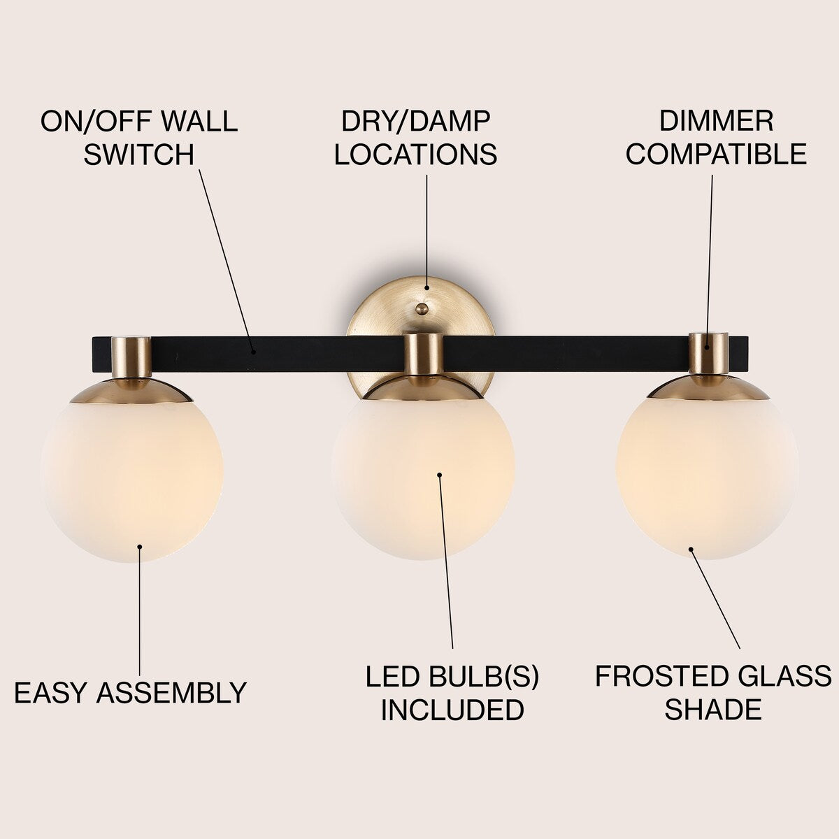 Cecil Globe Metal/Frosted Glass Modern Contemporary LED Vanity, by JONATHAN Y