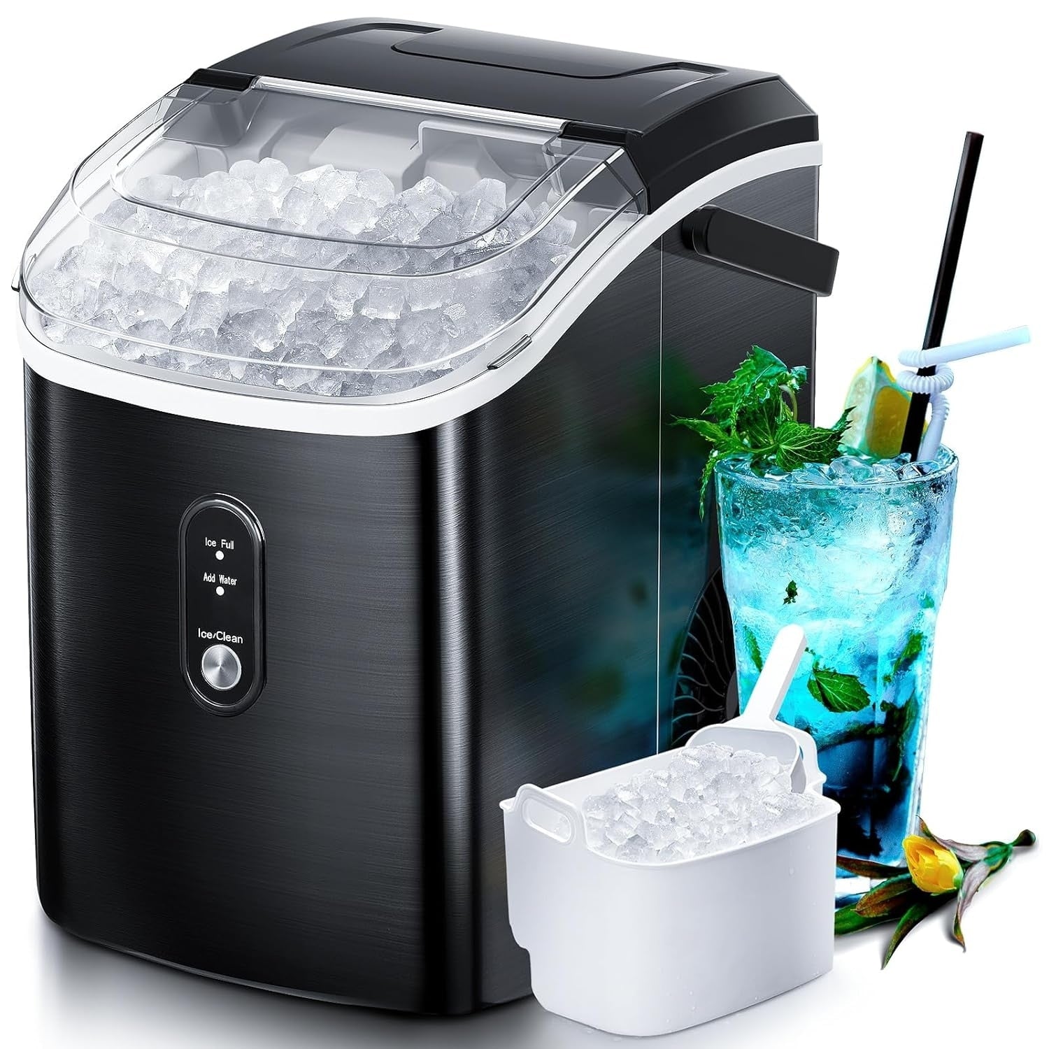 Nugget Ice Portable Countertop Ice Maker with Mechanical Buttons, Equipped with Ice Basket and Ice Scoop, Stainless Steel