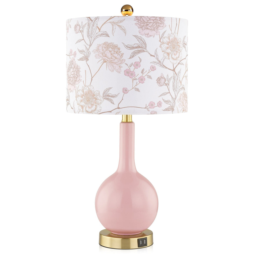 Pink Ceramic Table Lamp with 3-Way Touch Dimming Switch & Dual USB Charging Ports & - 12'' x 12'' x 24'' (L x W x H)