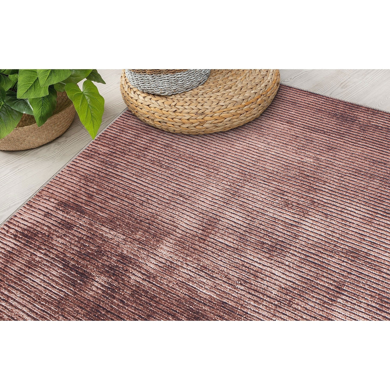 Contemporary Distressed Stripe Machine Washable Area Rug