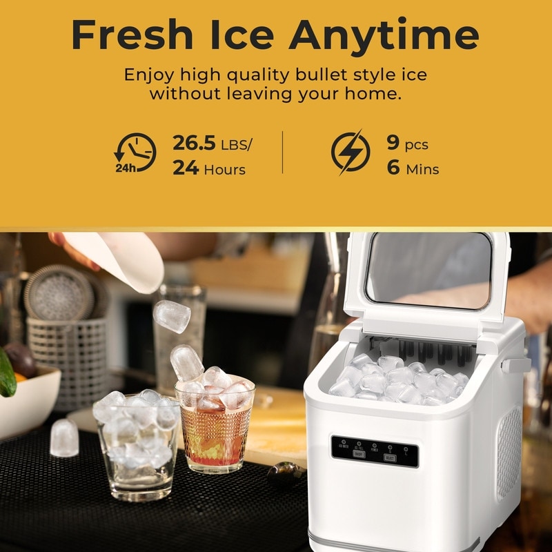 Countertop Ice Maker with Ice Scoop and Basket, 9 Cubes in 6 Mins, 26.5lbs/24h, 2 Sizes of Bullet Ice, Self-Cleaning