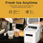 Countertop Ice Maker with Ice Scoop and Basket, 9 Cubes in 6 Mins, 26.5lbs/24h, 2 Sizes of Bullet Ice, Self-Cleaning