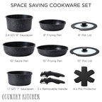 Country Kitchen RV Cookware- 13 Piece Aluminum Pots and Pans with Removable Handle Oven Safe