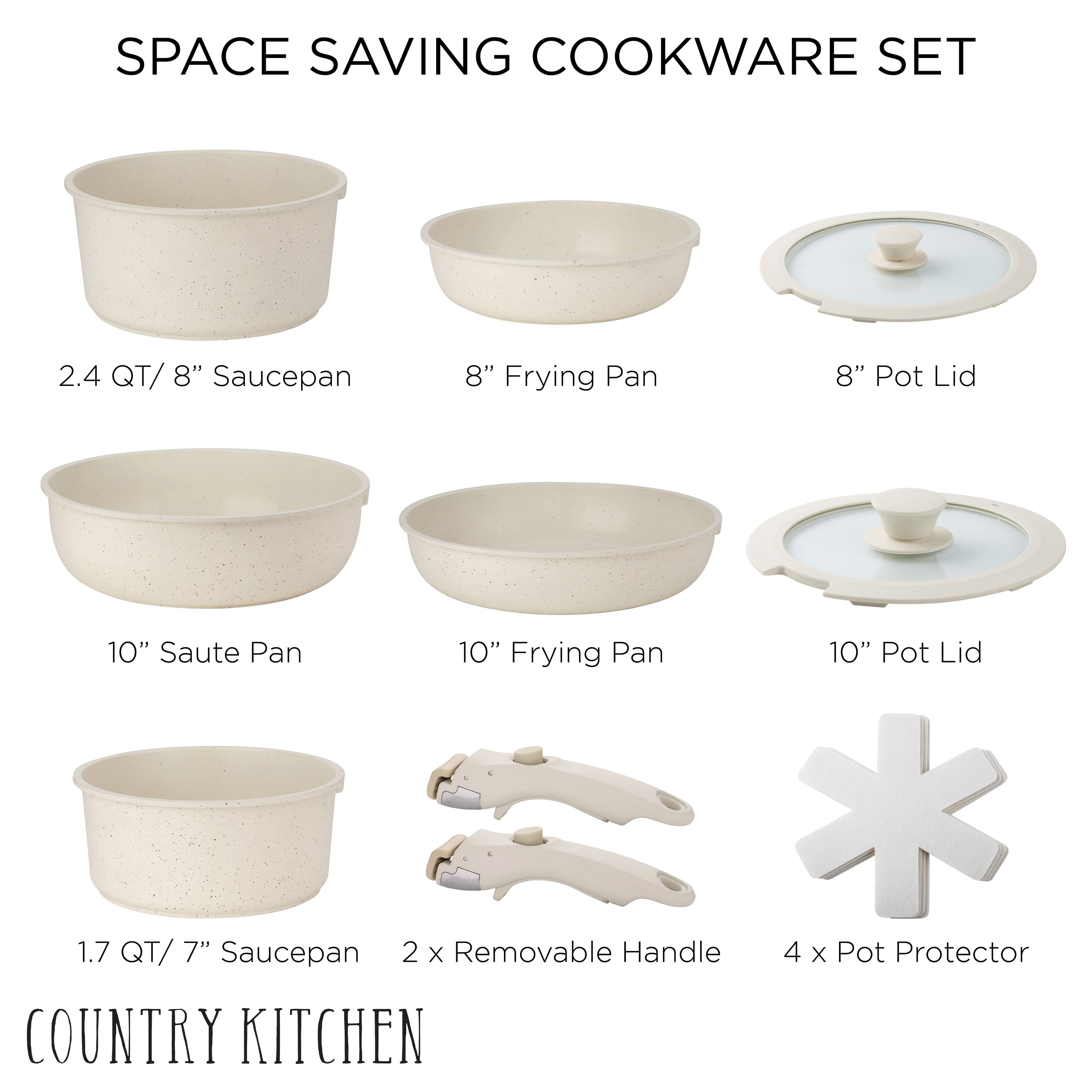 Country Kitchen RV Cookware- 13 Piece Aluminum Pots and Pans with Removable Handle Oven Safe