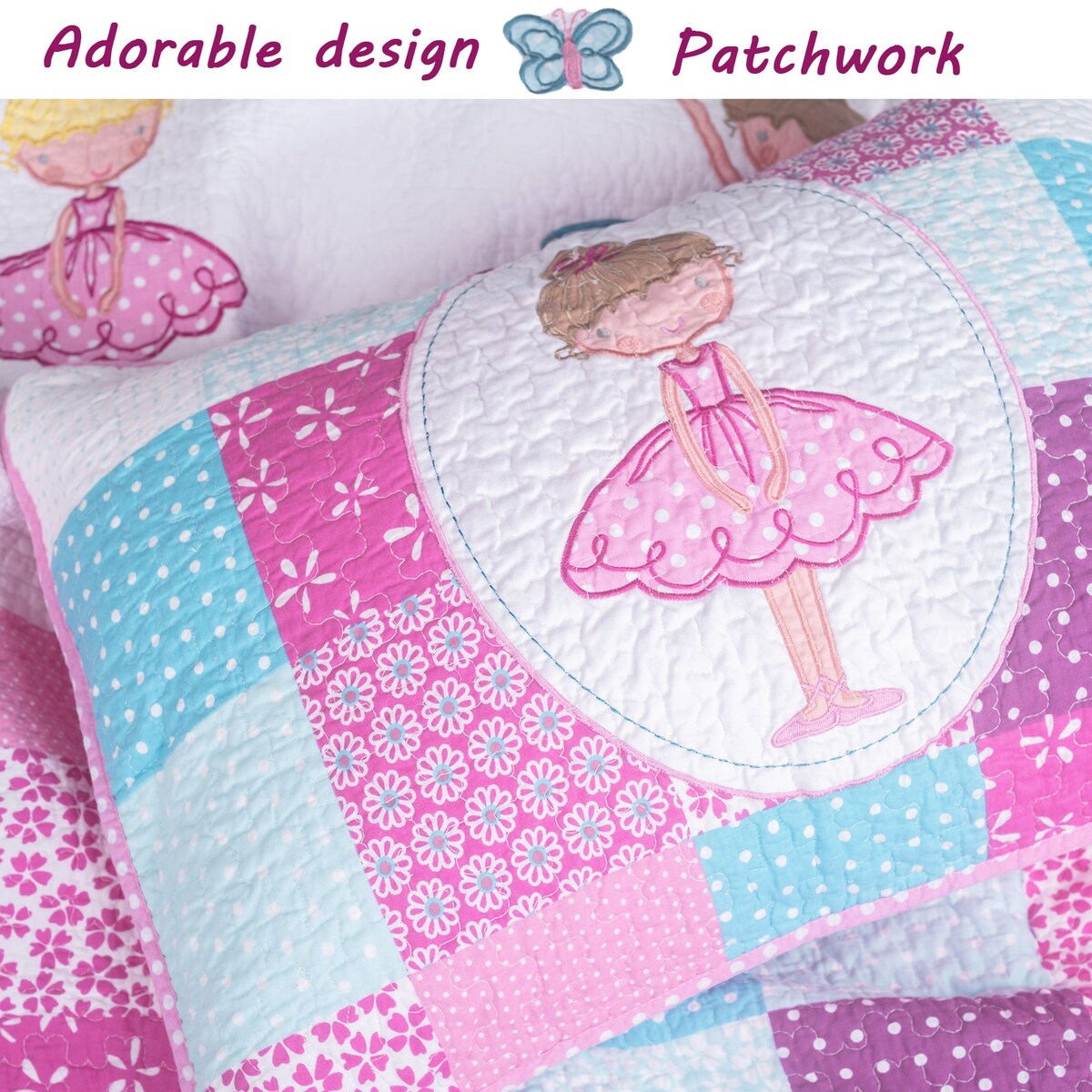 Cozy Line Ballerina Pink Girls Reversible Cotton Quilt Bedding Set with Decorative Pillows