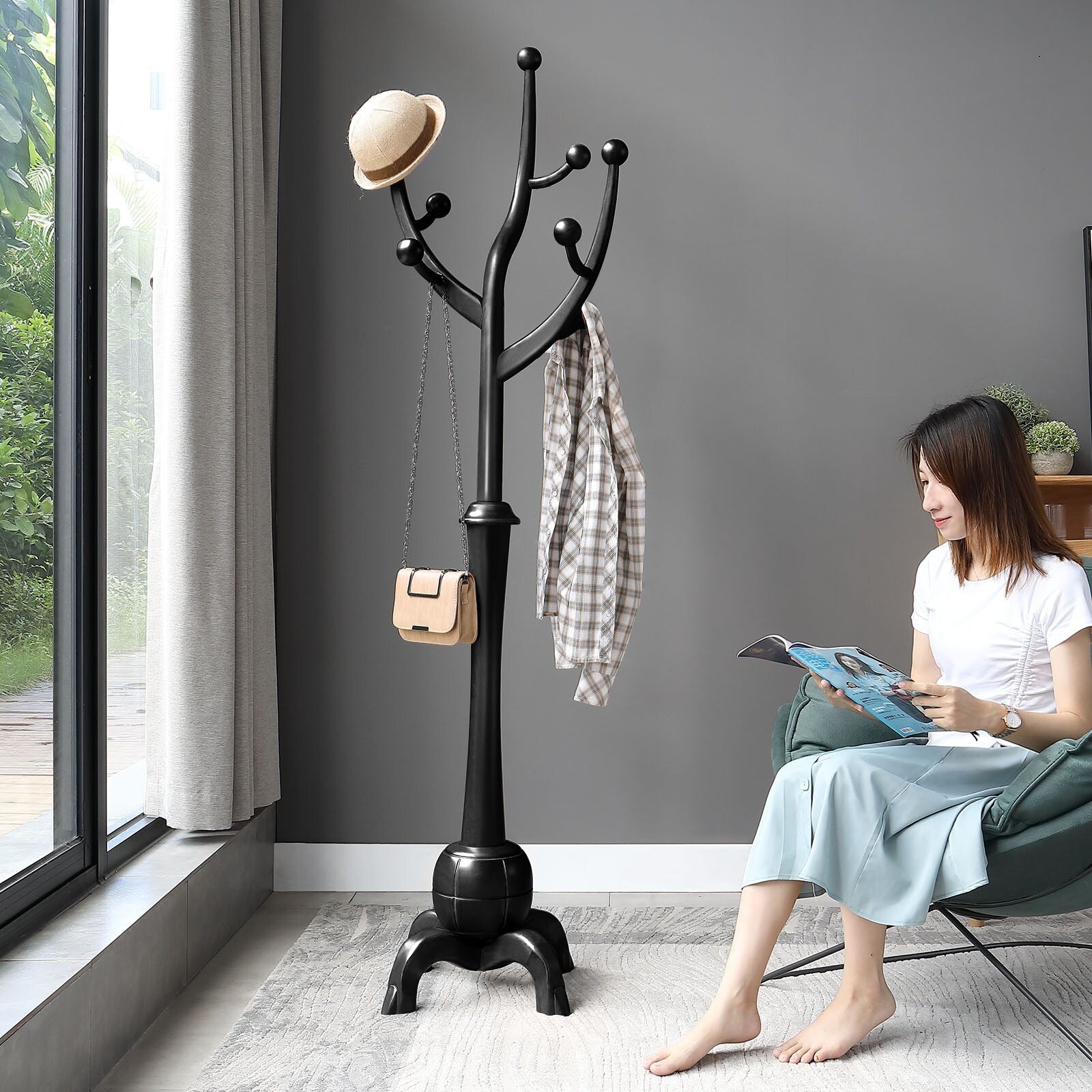 Tree-branch Rubberwood Freestanding Coat Rack with 8 Hooks - 24.5W x 70.87H