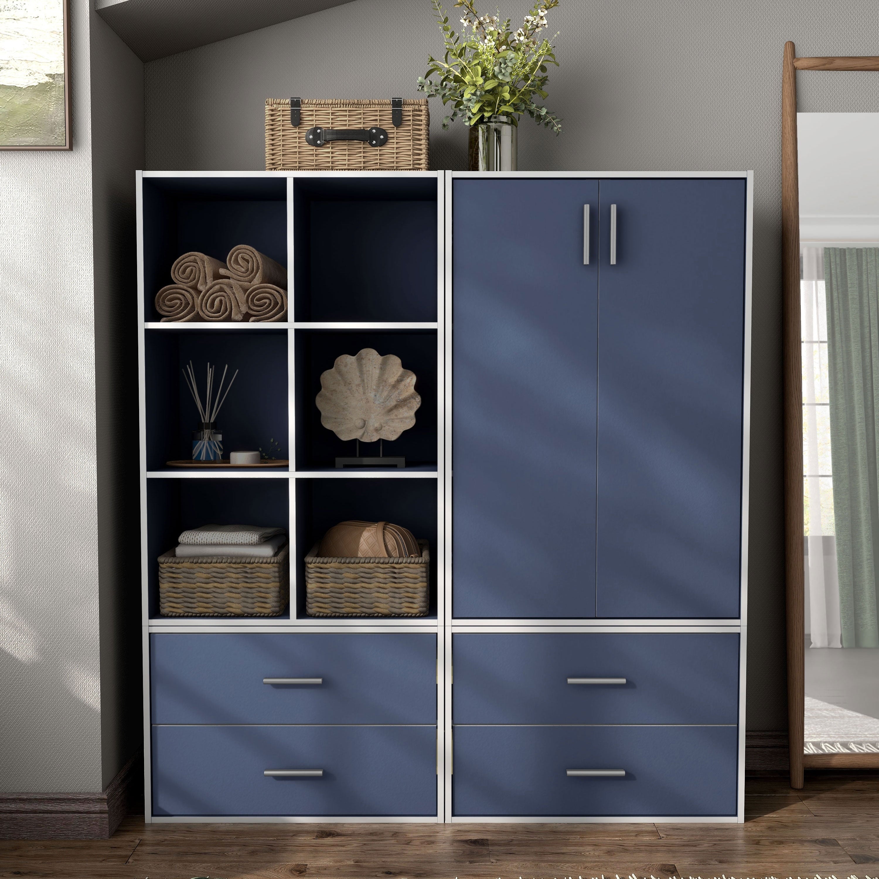 DH BASIC Modern Wood Customizable Stackable Storage Organizer - Cube Shelves, Drawer Cabinet, Bookcase with Doors by Denhour