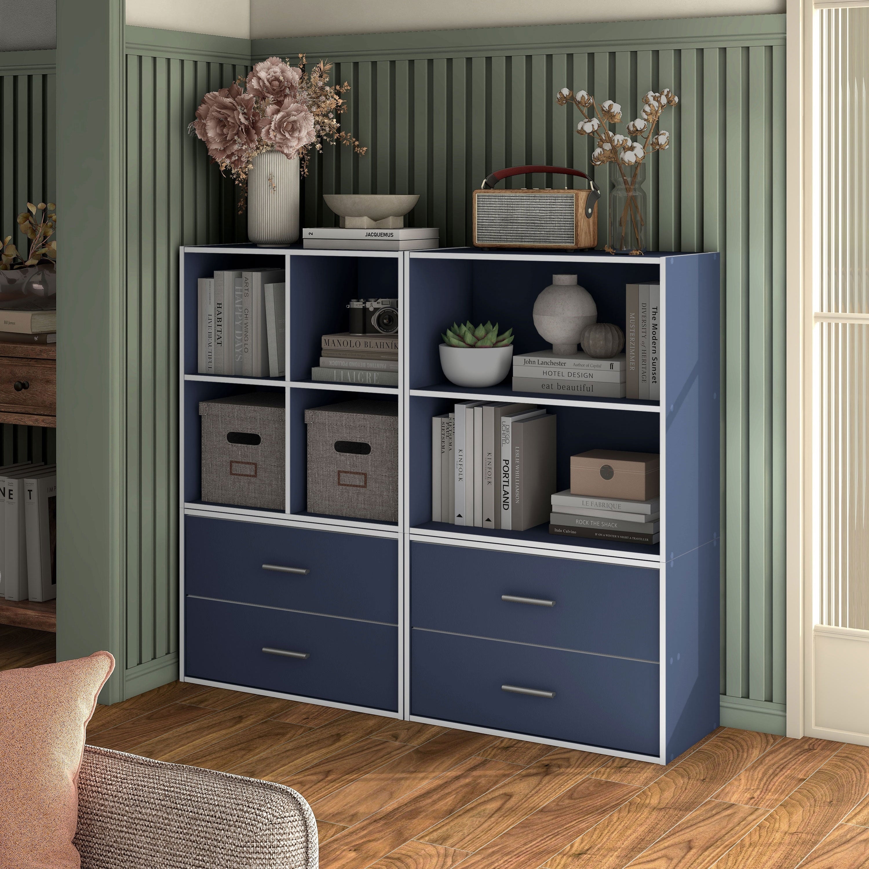 DH BASIC Modern Wood Customizable Stackable Storage Organizer - Cube Shelves, Drawer Cabinet, Bookcase with Doors by Denhour