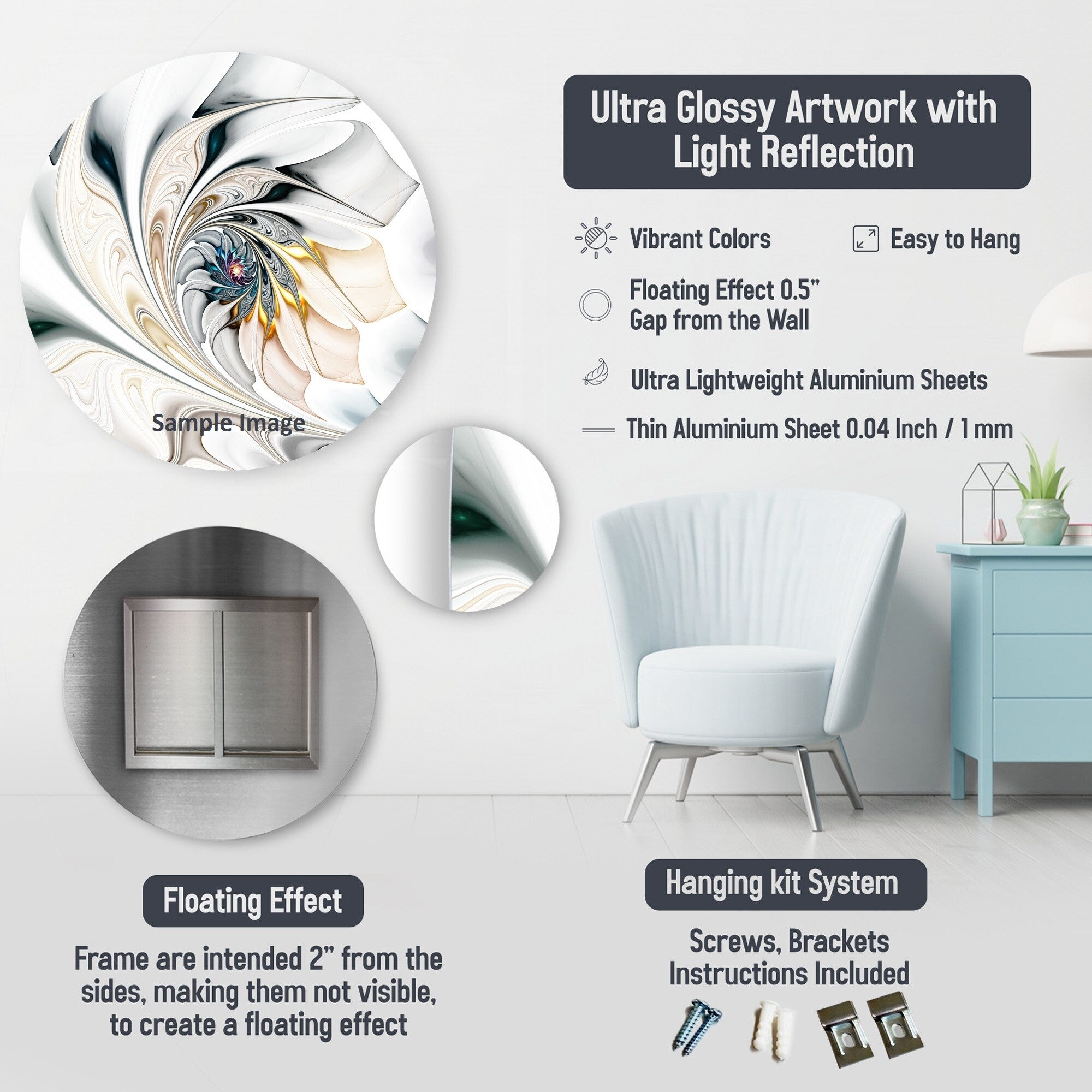 Designart Black White Marbled Dreamscape V Modern Geometric Metal Round Wall Art