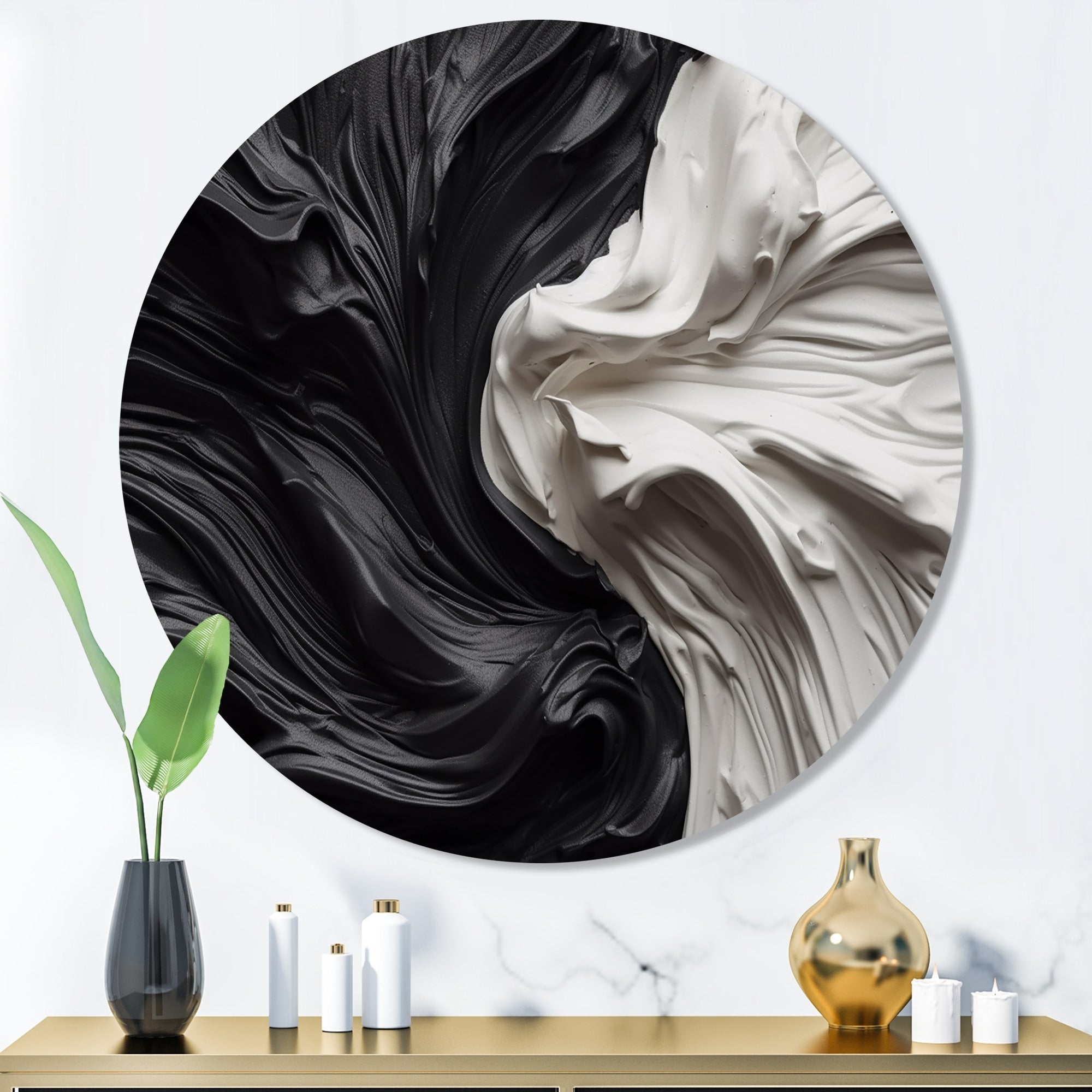 Designart Black White Marbled Dreamscape V Modern Geometric Metal Round Wall Art
