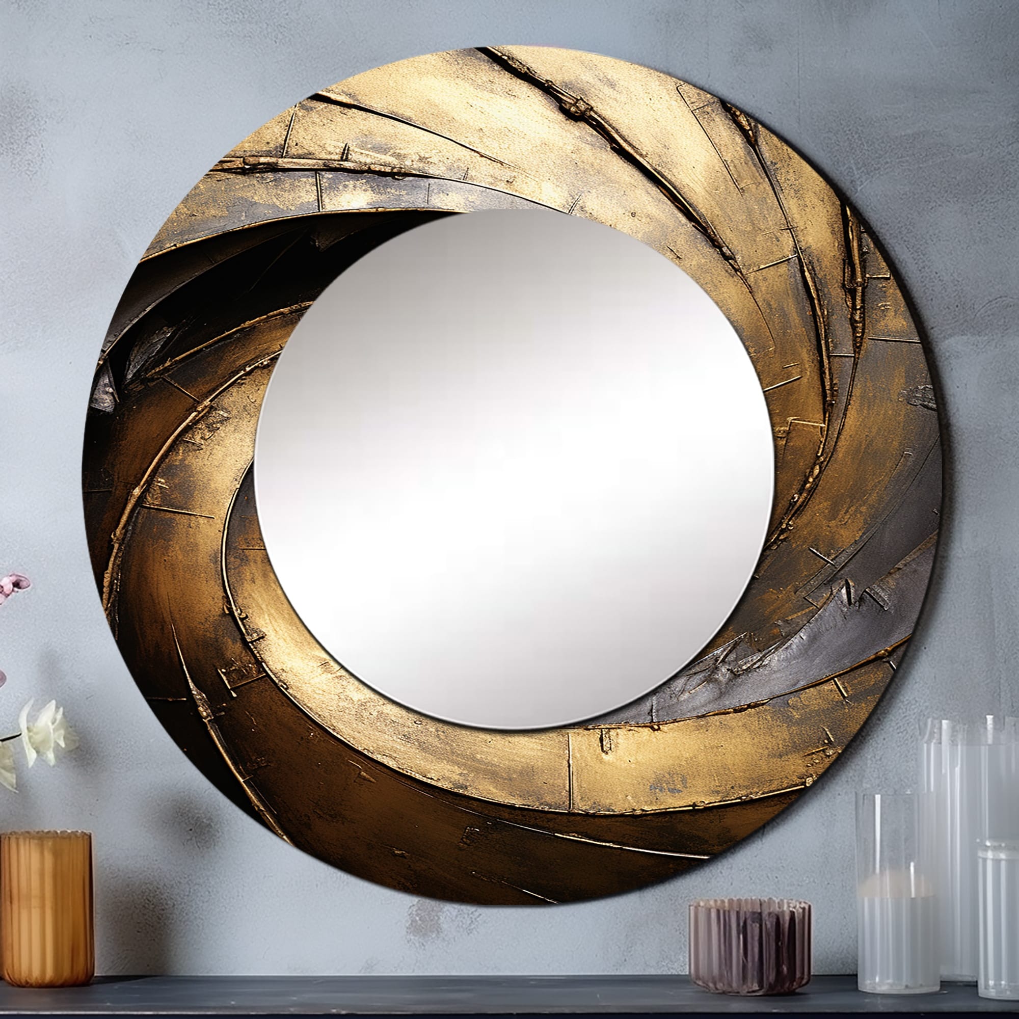 Designart Gold Black Timeless Turn abstract spirals Living Room Mirror - Gold Modern Large Round Mirror