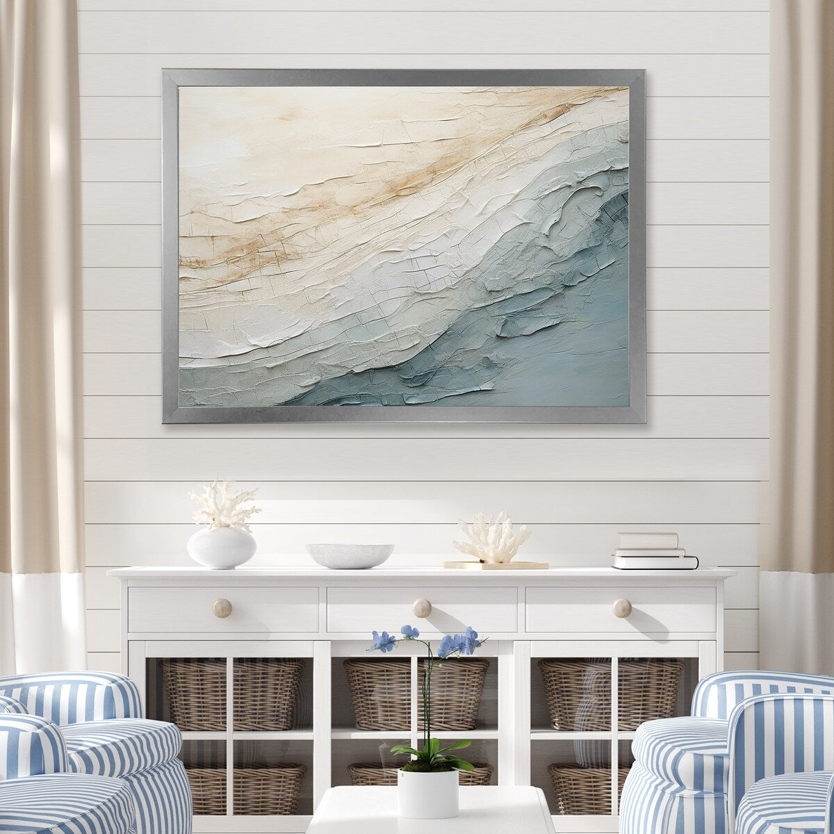 Designart Minimalism Beige And Grey Wave Horizon I Coastal Minimalism Framed Wall Decor