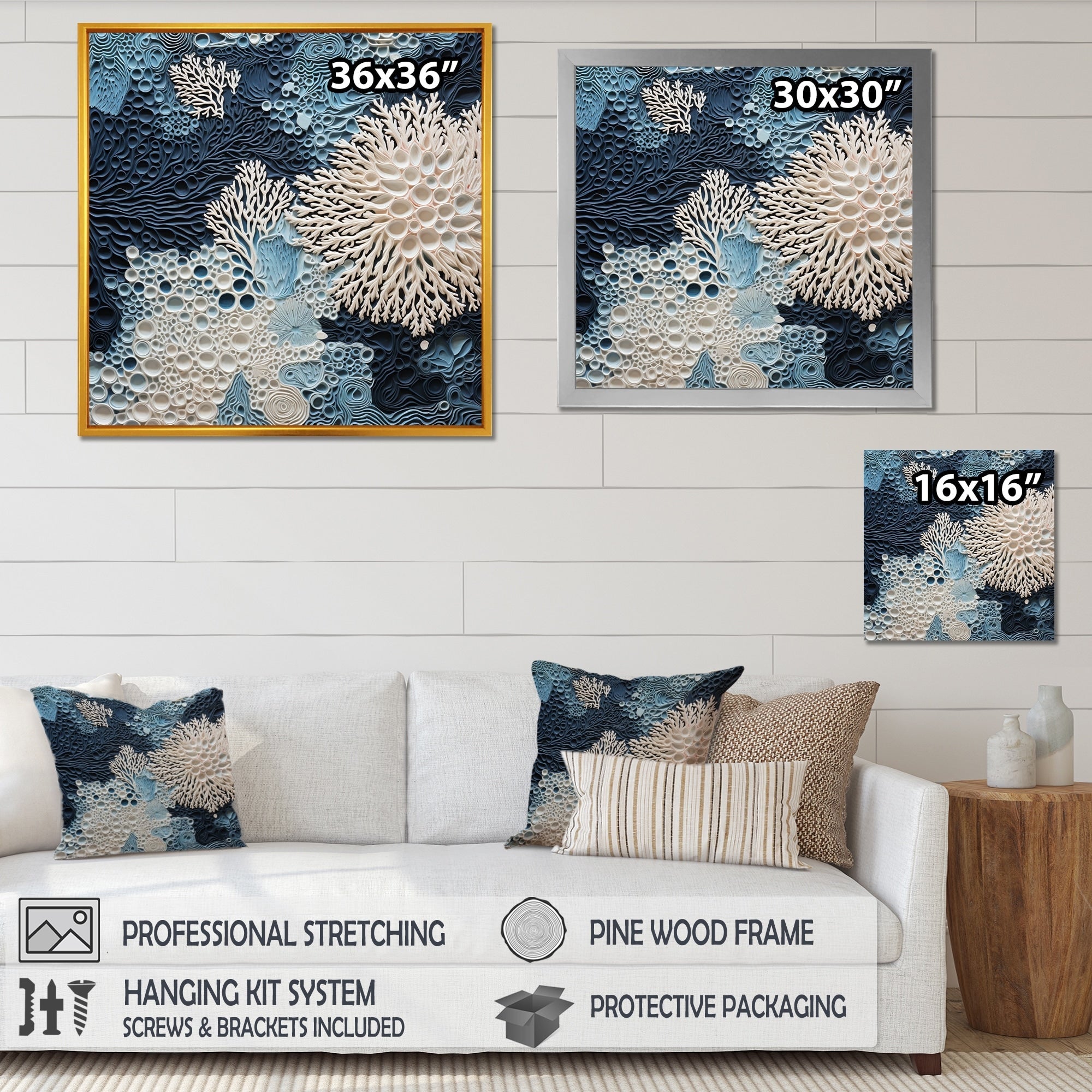 Designart Under Water Blue And White Corals Collage Coastal Framed Canvas Wall Art