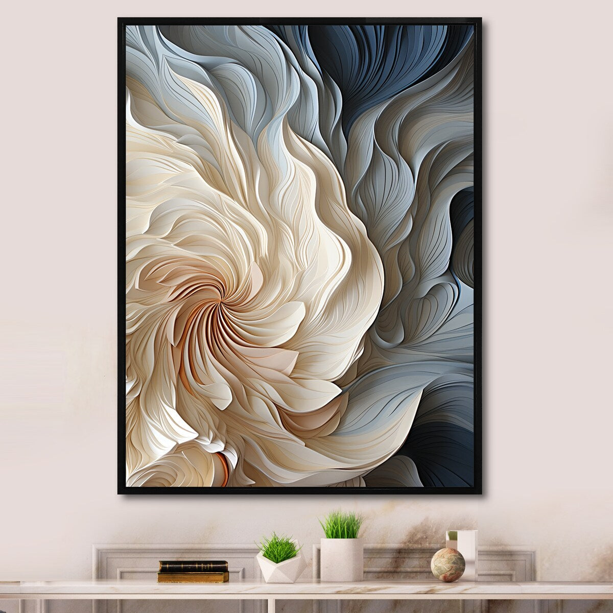 Designart White And Blue Feather Spiral II Abstract Geometric Blue Wall Decor - Modern Entryway Framed Wall Art