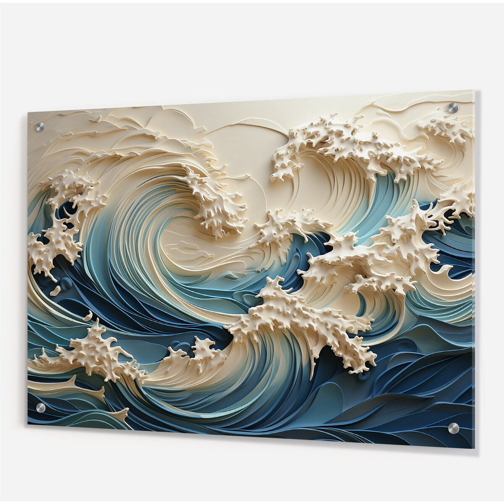 Designart White And Blue Wave Papercut Style III Coastal Waves Gloss Wall Decor - Coastal Acrylic Wall Art For Bedroom