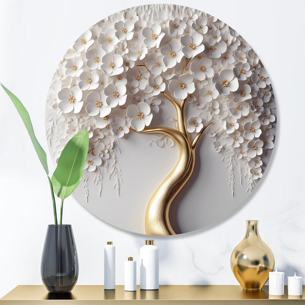 Designart White Orchid Tree Garden Of Branches VIII Tree Floral Metal Round Wall Art Print On Metal