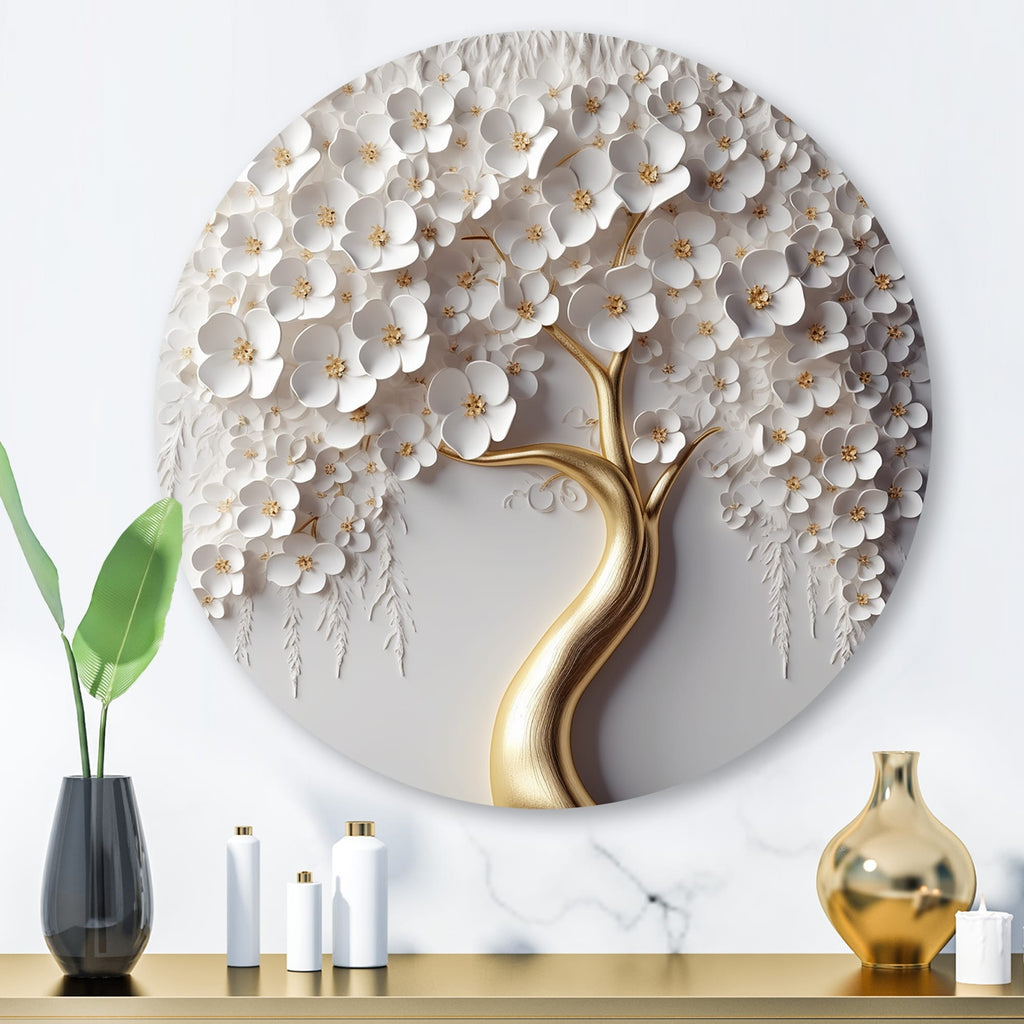 Designart White Orchid Tree Garden Of Branches VIII Tree Floral Metal Round Wall Art Print On Metal
