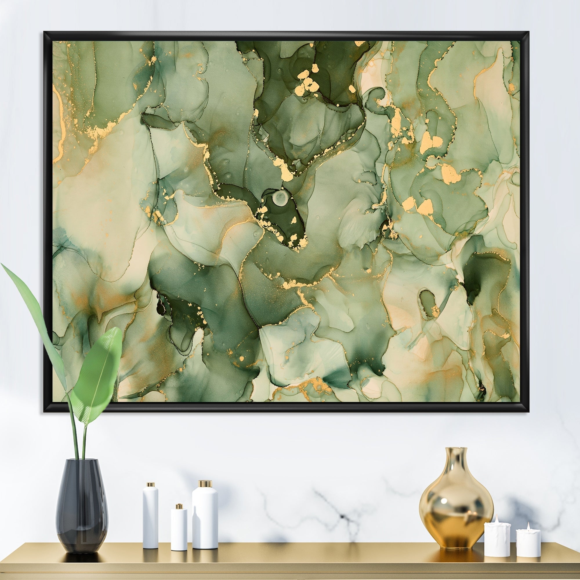 Designart Green Luxury Abstract Fluid Art I Modern Framed Canvas Wall Art Print