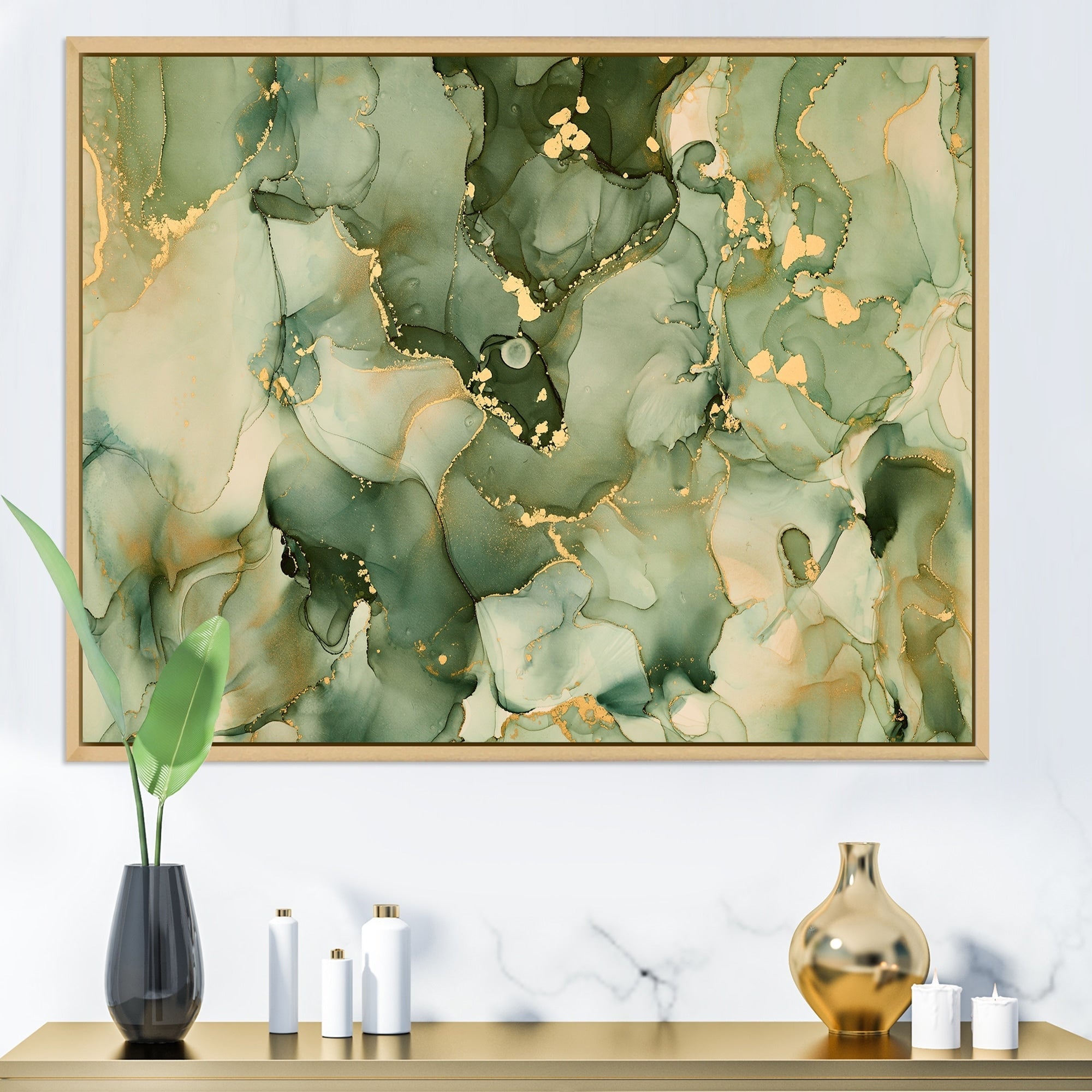 Designart Green Luxury Abstract Fluid Art I Modern Framed Canvas Wall Art Print