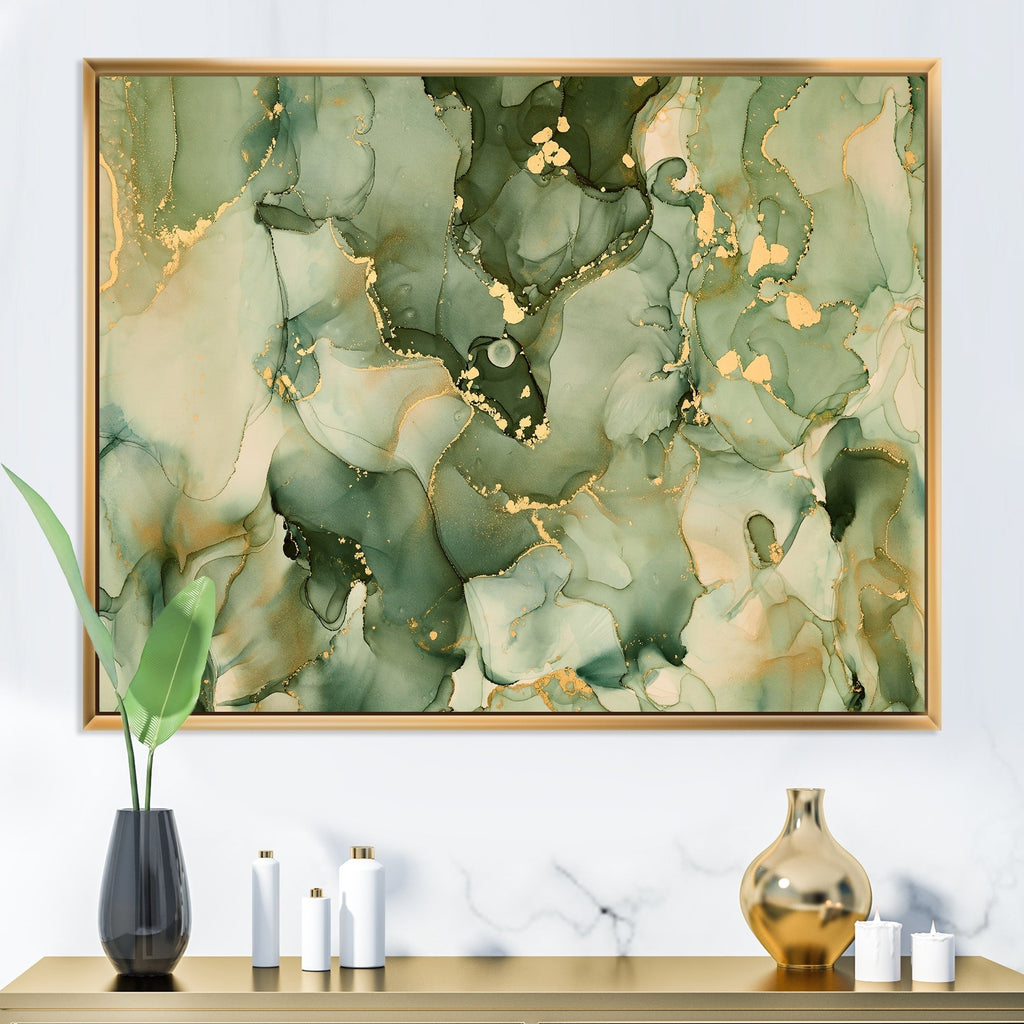 Designart Green Luxury Abstract Fluid Art I Modern Framed Canvas Wall Art Print
