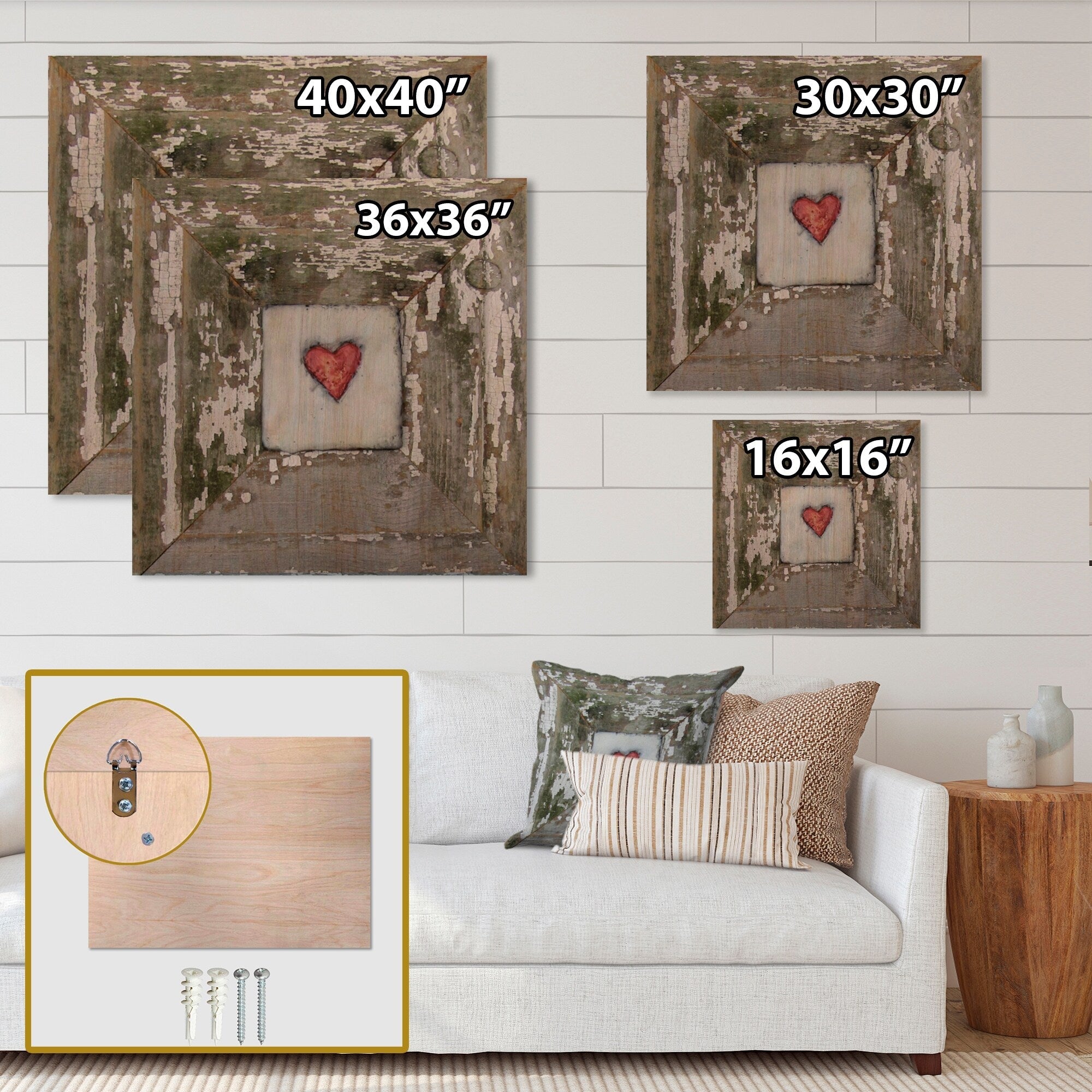 Designart 'Hearts' Desire Distressed White' Vintage Wood Wall Art Décor - Natural Pine Wood