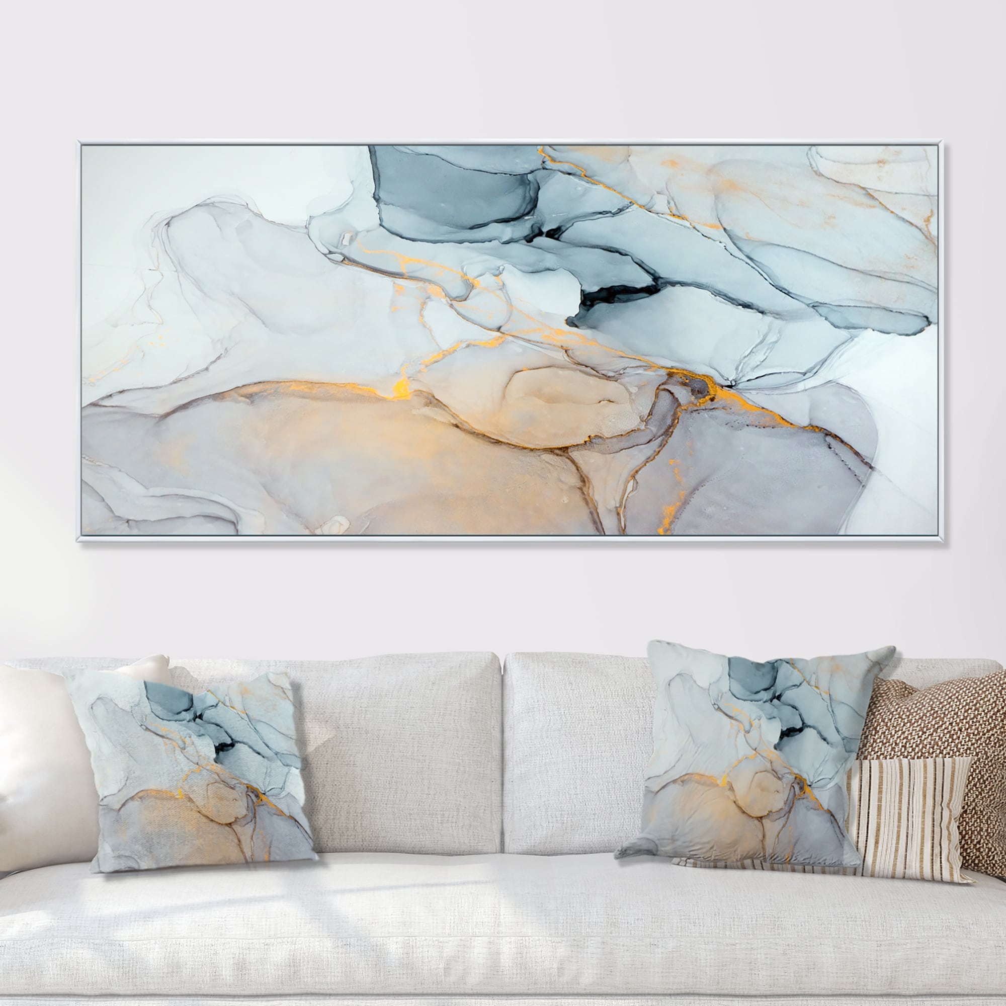 Designart Luxry Blue And Grey Marble Art Ripples II Abstract Framed Canvas Wall Art